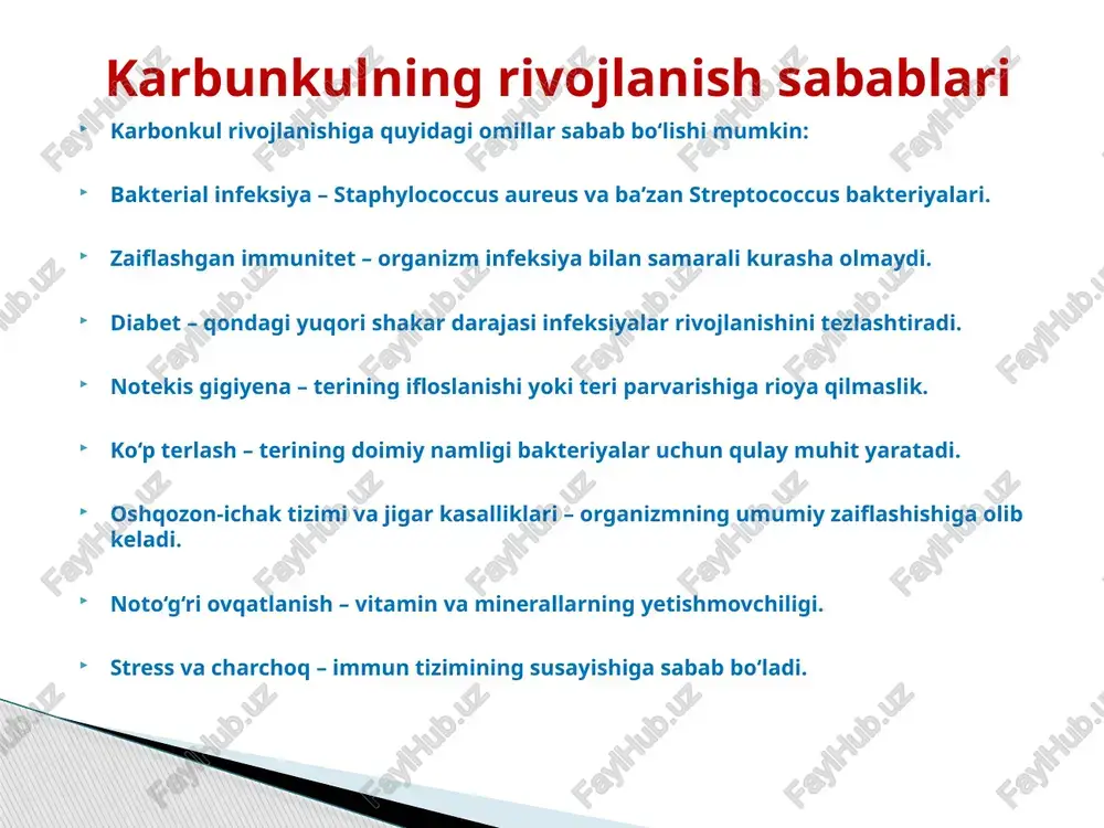onkul yuqumlimi? ha, u staphylococcus aureus bakteriyasi orqali boshqa odamga yuqishi mumkin, ayniqsa teri bilan bevosita aloqada bo‘lganda. 3. karbonkul bilan isitma chiqishi normal holatmi? ha, chunki organizm infeksiya bilan kurashayotgan bo‘ladi. ammo juda baland harorat shifokorga murojaat qilish kerakligini bildiradi. 4. karbonkulni uy sharoitida siqib chiqarsa bo‘ladimi? yo‘q, bu infeksiyaning tarqalishiga olib kelishi va asoratlarni keltirib chiqarishi mumkin. karbunkul bilan bog‘liq tez-tez so‘raladigan savollar karbunkul – bu jiddiy infeksion kasallik bo‘lib, o‘z vaqtida davolash shart. gigiyenaga rioya qilish, immunitetni mustahkamlash va shifokorga o‘z vaqtida murojaat qilish uning oldini olish va muvaffaqiyatli davolashning asosiy shartlaridir. xulosa e’tiboringiz uchun rahmat! image1.jpeg /docprops/thumbnail.jpeg karbunkul an
