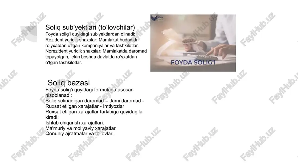 irmalar soliq to‘lovchilarga ko‘plab imtiyozlar va chegirmalar taqdim etilishi mumkin. bu imtiyozlar kompaniyalar uchun soliq yukini kamaytiradi. quyidagi imtiyozlar mavjud bo‘lishi mumkin: investitsiya faoliyati uchun imtiyozlar: innovatsion loyihalar va yangi texnologiyalarni joriy qilgan kompaniyalarga soliqdan chegirmalar beriladi. ijtimoiy sohalarga ajratmalar: ijtimoiy mas'uliyatli loyihalarda qatnashgan korxonalarga chegirmalar. kichik biznes uchun imtiyozlar: kichik va o‘rta biznes sub'yektlariga soliqning kamaytirilgan stavkalari qo‘llaniladi. soliq stavkasi qo‘llash foyda solig‘ining asosiy stavkasi, ko‘plab mamlakatlarda, masalan, o‘zbekistonda, 15% dan 20% gacha bo‘lishi mumkin. foyda solig‘i hisoblashda, bu stavkalar soliq solinadigan daromadga nisbatan qo‘llanadi. misol: agar kompaniyaning soliq solinadigan daromadi 100 million so‘m bo‘lsa va soliq stavkasi 15% bo‘lsa, unda: foyda solig‘i = 100,000,000 × 15% = 15,000,000 so‘m hisobot berish va soliq tekshiruvlari kompaniya foyda solig‘ini hisoblaganidan so‘ng, soliq organlariga soliq deklaratsiyasi topshirilishi kerak. bunda, kompaniya o‘zining soliqqa tortiladigan daromadlari, xarajatlari va imtiyozlarini to‘liq va aniq tarzda ko‘rsatishi zarur. soliq organlari bu hisobotni tekshirib, to‘lovning to‘g‘riligini aniqlaydi …
