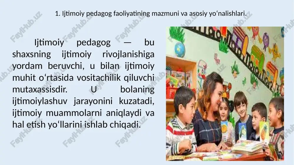 chun to‘garaklar tashkil etish. xulosa ijtimoiy pedagog — jamiyatda ijtimoiy adolat, mehr-oqibat va insonparvarlik g‘oyalarini targ‘ib etuvchi muhim kasb egasidir. maktab yoshidagi bolalarning ijtimoiylashuvi, ularning muammolarini o‘z vaqtida aniqlab, hal etishda bu mutaxassisning roli beqiyosdir. ijtimoiy pedagogning kasbiy faoliyati faqatgina nazorat va tahlil emas, balki bolani ijtimoiy jihatdan qo‘llab-quvvatlash, uning ijobiy rivojlanishi uchun qulay muhit yaratishdir. foydalanilgan adabiyotlar 1. qodirova n., yo‘ldosheva m. “ijtimoiy pedagogika”. – toshkent: tdpu, 2021. 2. g‘ofurova d. “pedagogika nazariyasi va amaliyoti”. – toshkent, 2022. 3. karimova v.m. “bola psixologiyasi va ijtimoiy muhit”. – toshkent, 2020. 4. o‘zbekiston respublikasi “ta’lim to‘g‘risida”gi qonuni. – toshkent, 2020. 5. www.lex.uz – qonunchilik ma’lumotlari bazasi. 6. www.edu.uz – o‘zbekiston respublikasi xalq ta’limi vazirligi rasmiy sayti. 7. “yoshlar – kelajagimiz” davlat dasturi. – toshkent, 2019. image1.jpeg image2.jpeg image3.jpeg image4.jpeg /docprops/thumbnail.jpeg iitimoiy pedagogning maktab ‘yoshidagi bolalar bilan olib boradigan faoliyati