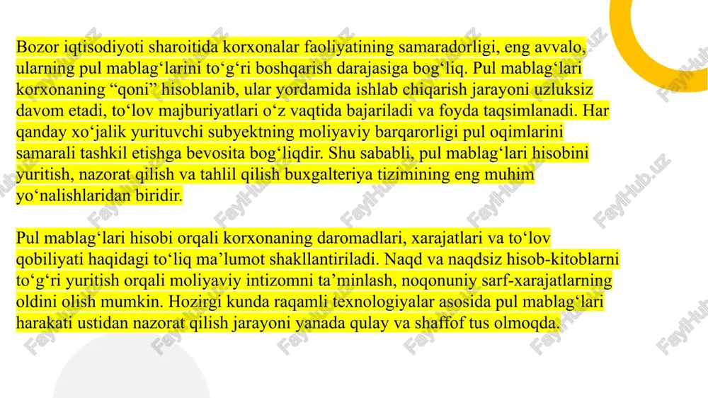 g‘lari bilan bog‘liq buxgalteriya schyotlari ikki asosiy turga bo‘linadi: kassa bilan bog‘liq schyotlar va bank hisobvaraqlariga oid schyotlar. masalan, 5010 — “milliy valyutadagi kassa”, 5110 — “hisob-kitob schyoti”, 5210 — “valyuta schyoti” kabi schyotlar orqali mablag‘larning harakati hisobga olinadi. har bir schyotning o‘ziga xos vazifasi mavjud bo‘lib, ular orqali pul mablag‘larining manbai va sarfi aniq aniqlanadi. bankdagi hisob-kitob schyotlarida amalga oshiriladigan operatsiyalar korxonaning tashqi moliyaviy faoliyatining asosiy qismini tashkil etadi. bu operatsiyalarga tovar va xizmatlar uchun to‘lovlar, kredit va qarz mablag‘larini o‘tkazish, soliqlarni to‘lash hamda hisobvaraqlar o‘rtasida mablag‘larni ko‘chirish kiradi. har bir bank operatsiyasi tegishli hujjatlar — to‘lov topshiriqlari, inkasso topshiriqlari yoki kvitansiyalar bilan rasmiylashtiriladi. kassa operatsiyalarini yuritish jarayonida esa barcha naqd pul harakatlari qat’iy tartibda qayd etiladi. har bir tushum va to‘lov “kassa kirim orderi” yoki “kassa chiqim orderi” bilan hujjatlashtiriladi. kassa daftarida barcha operatsiyalar ketma-ket yozilib boriladi va kunlik kassa qoldig‘i aniqlanadi. ushbu tartib moliyaviy intizomni ta’minlaydi hamda …