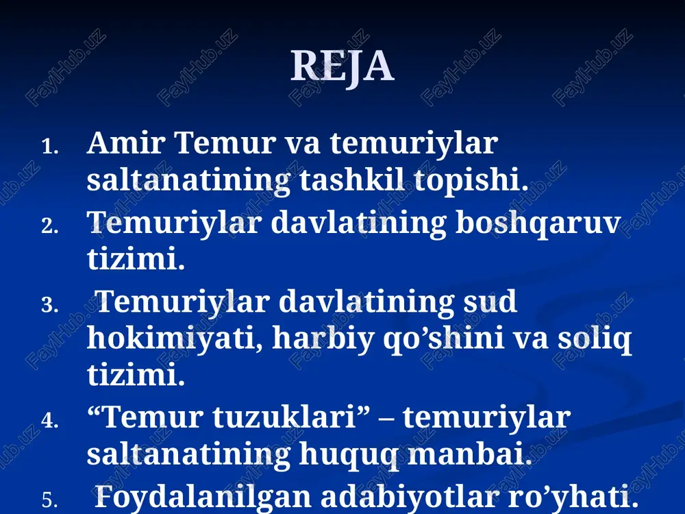x 1356-1394 mironshoh 1366-1408 ulug’bek 1409-1447 boysunqur 1397-1433 amir temur 1370-1405 boyqaro 1393-1423 xalil sulton 1405-1409 abdulatif 1449-1450 abdullo 1450-1451 g’iyosuddin mansur 1413-1445 sulton abu said 1451-1458 alouddavla 1417-1460 sulton muhammad 1418-1450 abulqosim bonur 1450-1457 husayn boyqaro 1469-1506 shohmahmud 1457-1459 yodgor muhammad 1470 sulton ibrohim 1457 umarshayx 1461-1494 mahmud 1494-1496 ahmad 1469-1494 boysunqur 1496-1497 ali 1498-1500 zahiriddin muhammad bobur 1494-1500 ikki buyuk jahongir 1402 yil 20 iyul anqara jangi sulton boyazidning amir temur huzuriga asir qilib olib kelinishi. 1403 yil 9 mart kuni sulton boyazid vafot etdi. “yevropa haloskoriga”` 1900 yil parij ko’rgazmasida amir temurning oltin haykali qo’yilgan edi. bu haykal keyinchalik o’g’irlangan. fransuz olimi l.keren temuriylar tarixi muzeyiga bu haykalning rasmini sovg’a qilgan. temur tuzuklari “temur tuzuklari” ikki qismdan iborat. birinchi qism sohibqiron hayotining eng e’tiborli voqealari, ikkinchi qism davlatni boshqarish qonun qoidalaridan, y’ani 27 tuzuklardan tashkil topgan. alixonto’ra sog’uniy 1967 yil toshkentda “tuzuki temuriy”ni eski forsiydan o’zbek tiliga …
