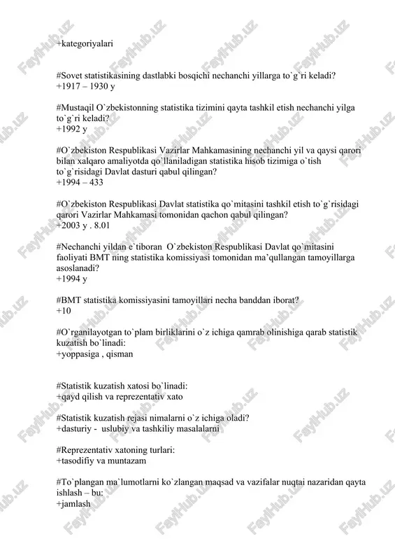 azifalar nuqtai nazaridan qayta ishlash – bu: +jamlash #statistik jamlashning bosqichlari ( elementlari ): +2 #to`plam birliklarini eng muhim belgilari bo`yicha bir xil turlarga ajratish – bu: +guruhlash #guruhlash usuli statistikada nechanchi asrdan boshlab qo`llanilinib kelinadi? +xviii – asr #ma`lumolatni guruhlashning asosiy turlari: +tipologik , analitik , tuzulmaviy #tuzish usuliga ko`ra guruhlash necha turga bo`linadi? +3 #statistikada guruhlar soni aniqlangandan keyingi ish – bu: +guruhlar oralig`ini aniqlash #statistikada guruhlar soni qanday aniqlanadi? +tayyor retsept yo`q #oldingi tuzilgan guruhlar asosida yangi guruhlar tuzishga nima deyiladi? +ikkilamchi guruhli #ko`p o`lchamli guruhlashning boshqa nomi: +klaster – tahlil #statistikani televizorlari deganda nima tushuniladi? +statistik jadvallar #statistik jadvallarga asos solgan olim? +n. k .kirilov #statistikada jadvallarga nechanchi asrda asos solingan? +xviii #jadvalda gap nima to`g`risida borayotgani jadvalning: +egasi #jadvallar ega xarakteriga qarab bo`linadi: +oddiy , guruhli , kombinatsion #jadvallar kesim xarakteriga ko`ra bo`linadi: +oddiy , kombinatsion , guruhlash maqsadi , analitik , maxsus tayinlangan #jadvallar …