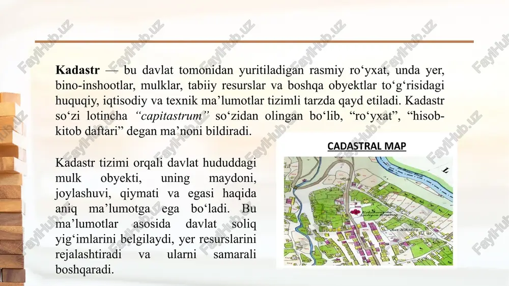 da bo‘lgani sababli, yerlarni hisobga olish asosan soliqqa tortish va mulkni himoya qilish uchun olib borilgan. masalan, angliyada 1086-yilda tuzilgan “domesday book” — dunyodagi eng qadimgi kadastr hujjatlaridan biri bo‘lib, unda mamlakatdagi barcha yerlar, ularning egalari va daromadlari batafsil qayd etilgan. yevropada kadastr tizimining shakllanishi: xviii–xix asrlarda ko‘plab davlatlarda kadastr ishlari ilmiy asosda olib borila boshlandi. o‘lchov asboblari takomillashdi, yer planlari va xaritalar tuzildi. 1808-yilda fransiyada napoleon kadastri joriy etildi — bu zamonaviy kadastr tizimlarining huquqiy va texnik asosini yaratgan muhim islohot edi. o‘rta asr yevropasida kadastr tizimi asosan soliq yig‘ish, harbiy xizmat majburiyatlarini belgilash va mulkni himoya qilish maqsadida yuritilgan. eng mashhur misollardan biri bu angliyada 1086-yilda tuzilgan “domesday book” bo‘lib, u yevropadagi eng qadimgi kadastr hujjatlaridan biri sanaladi. ushbu kitobda butun mamlakatdagi yer egalari, ularning mulklari, hosildorlik darajasi va soliq majburiyatlari to‘liq qayd etilgan. shuningdek, o‘rta asrlarda fransiya, germaniya, italiya va boshqa mamlakatlarda ham yerlarni o‘lchash, xaritalash va …