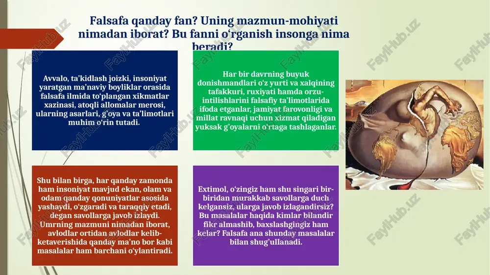 faoliyatida voqea-hodisalardagi o‘zgarishlarning sababini, o‘zaro aloqadorligini va ta’sirini ilg’ay olishdek etuk falsafiy tafakkur va mushohada namoyon bo‘ladi. narsalarning tashqi tomoni, ko‘rinishi emas, balki uning ichki tub mohiyatiga etish, o‘zgarishining sababini aniqlash hamda kelajagi to‘g’risida fikrlar bildirish falsafa mutaxassisi bo‘lmagan ko‘pchilik olimlarga ham xos fazilatlardir. falsafiy bilimlar insonni hayotda o‘z o‘rnini topishi, tom ma’noda o‘z e’tiqodiga, fuqarolik pozitsiyasiga ega bo‘lishida, maqsadiga erishishida beqiyos rol o‘ynaydi. albatta, faylasuflar olamni xilma-xil izohlaydilar, har bir kishining hayoti ham turlicha kechadi. bu boradagi eng asosiy masala, umrni mazmunli o‘tkazish, yaxshi nom qoldirish, el-yurt koriga yarab, odamlarga doimo kerak bo‘lib yashash tuyg’usini o‘ziga saodat deb bilishdir. shu bilan birga, hayotda yuz berishi mumkin bo‘lgan muammolarga falsafiy munosabatda bo‘lib, ularning echimini topishga harakat qilish umrni mazmunli o‘tkazishda juda muhim ahamiyat kasb etadi. afsuski, bu borada oddiy tilda yozilgan falsafiy qo‘llanmalar, xalqchil kitoblar hali ham etarli emas odatda, mutaxassis bo‘lmagan ba’zi kishilar falsafani eng qiyin va nihoyatda mavhum …