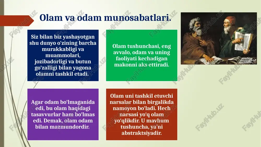 an tashkil topgan, molekulalar esa atomlardan tuzilgan. atomlar murakkab tuzilgan yadro va elektron qobiqlardan iborat. organik va anorganik moddalar molekula tuzilishi bilan bir-biridan farq qiladi. jonli organizmlar organik moddalardan tashkil topgan bo‘ladi. jonli organizmlarning tarkibi asosida hujayralar va hujayra sistemalari yotadi. yer shari atrofini qurshab turuvchi biosferani bir butun jonli sistema deb olish mumkin. mikroorganizmlar, o‘simlik dunyosi, hayvonot dunyosi va insonning o‘zaro aloqadorliklari bu biosferaning mavjudligini ta’minlab turadi. borliqning miqyosiy-struktura darajalari biz odatlangan oʼlchovdagi kattaliklarni makroskopik kattaliklar. makrodunyo gravitatsion oʼzaro taʼsirlari biriktirib turgan dunyo. yer, uning tabiiy yoʼldoshi oy, quyosh va boshqa sayyoralar. megadunyo fizikaviy va kimyoviy aloqadorliklar hukmronlik qiladi. anorganik dunyo notirik tabiat biologik aloqadorliklar qatnashgani sababli uning uyushganlik darajasi yuqoriroq, faolroq va murakkabroq boʼladi. organik dunyo tirik tabiat ijtimoiy dunyo jamiyatga xos boʼlgan ijtimoiy aloqadorliklar. inson bu dunyoning strukturaviy elementi mikrodunyo atom miqyosidan kichik boʼlgan dunyo. unga atom strukturasi, elementar zarrachalar, atom yadrosi, kvarklar, kernlar kiradi. borliq va …