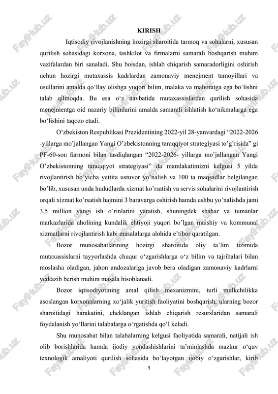 isani ifodalovchi yirik mehnatdir. ishlab chiqaruvchi korxonalarni bir me’yorda ishlab turishi uchun mehnatni toʻgʻri tashkillashtirish talab etiladi. mazkur oʻquv qoʻllanmaning maqsadi – bu bilimlarni egallashda talabalarga yordam berishdan iborat. oʻquv qoʻllanmada nazariy materiallar oʻz oʻrnini topgan. bu materiallar qoʻllanmada vazifalar va misollar yechish orqali mustahkamlangan. qoʻllanmada qurilishni tashkillashtirish va ishlab chiqarish korxonalariga tegishli misollar ham koʻrib chiqilgan. yurtimizda milliy istiqlolni shakllanishi mamlakatimizning mustaqil rivojlanishining qonuniy natijasidir. 4 tashabbuskorlik va tadbirkorlikni ragʻbatlantirish, odamlarda mulkka egalik hissini tarbiyalash, kichik va oʻrta korxonalarni izchil rivojlantirish, aholi farovonligi va daromadlarining ortishida, ishsizlik muammosini yechishda muhim ahamiyat kasb etmoqda. bugungi kunda xalqimizda mulkka egalik hissini shakllantirish, uning xoʻjalik yuritishining zamonaviy usullarini oʻzlashtirishga erishish, unda oʻz kuchiga ishonch tuygʻularini kamol toptirish milliy islohotlarning eng ustuvor vazifalaridan biridir. bu yoʻnalishdagi ishlar har bir fuqaroning umumta’lim va madaniy darajasini hisobga olgan holda, maqsadga muvofiq va muttasil olib borilishi, faqatgina ma’rifiy ishonch yoʻli bilan olib borilishi lozim. o‘zbekistonda olib …