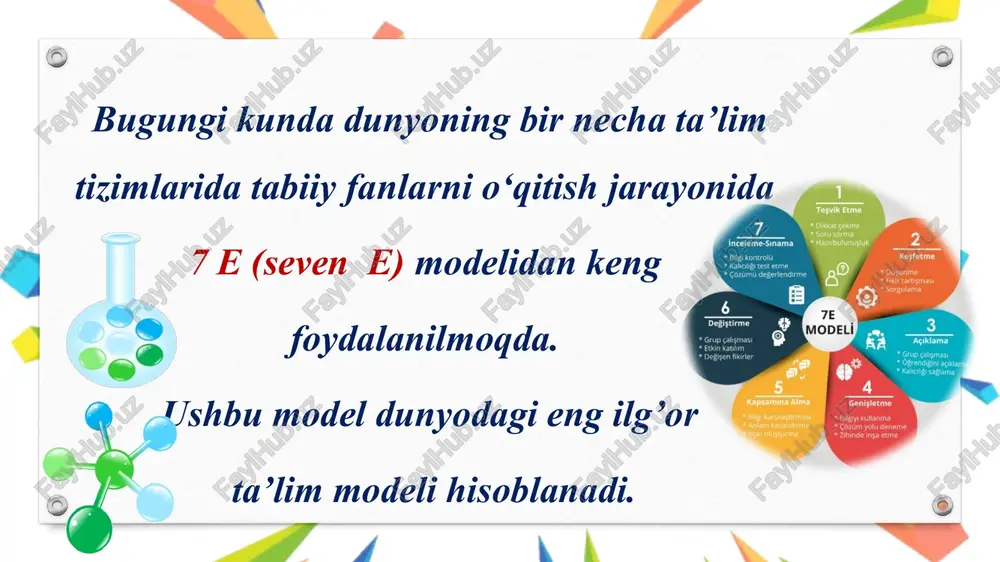 gi bosqichda berilgan nazariy bilimlarni mustahkamlash uchun ko‘gazma-namoyishli tajribalar o‘tkaziladi. men sizga 4 ta tajribani taklif qilaman.bular: 1-birikish reaksiyasi- so‘ndirilmagan ohakning suv bilan ta’siri. 2-parchalanish reaksiyasi- malaxitning parchalanishi 3-o‘rin olish reaksiyasi- temir mix bilan mis sulfat yoki mis (ii)xlorid eritmasining o‘zaro ta’siri 4- almashinish reaksiyasi- naoh bilan sulfat kislota orasidagi almashinish reaksiyasi 6.evaluate(baholash)-mulohaza va baholash 1-topshiriq. tarqamadagi sxemalar kimyoviy reaksiyalarning qaysi turiga mansub ekanligini aniqlang.reaksiya tenglamalarini tuzing. b) d) a) c) 2-topshiriq. quyida e’tiboringizga havola etiladigan tanish jarayonlarga tegishli tasvirlarni diqqat bilan kuzating hamda ular orasida qaysilarida kimyoviy reaksiyalarning belgilari uchramasligini aniqlang agar o‘quvchi tarqatmadagi topshiriqqa tegishli 4 ta jarayonni ham tahlil qila olsa , ya’ni to‘liq bajarsa- 2 ball, qisman bajarsa -1 ball bilan baholanadi. 7.extend (kengaytirish)- darsdan keyingi faoliyat yangi bilimlarni olish uchun chuqur tahlil qilishni talab qiladigan ijodiy vazifa topshiriladi. uy vazifasi sifatida kundalik turmushda , xususan yoz mavsumida ko‘p foydalaniladigan muzlatkich, kondisionerlarning ishlash mexanizmiga bir qiziqib …