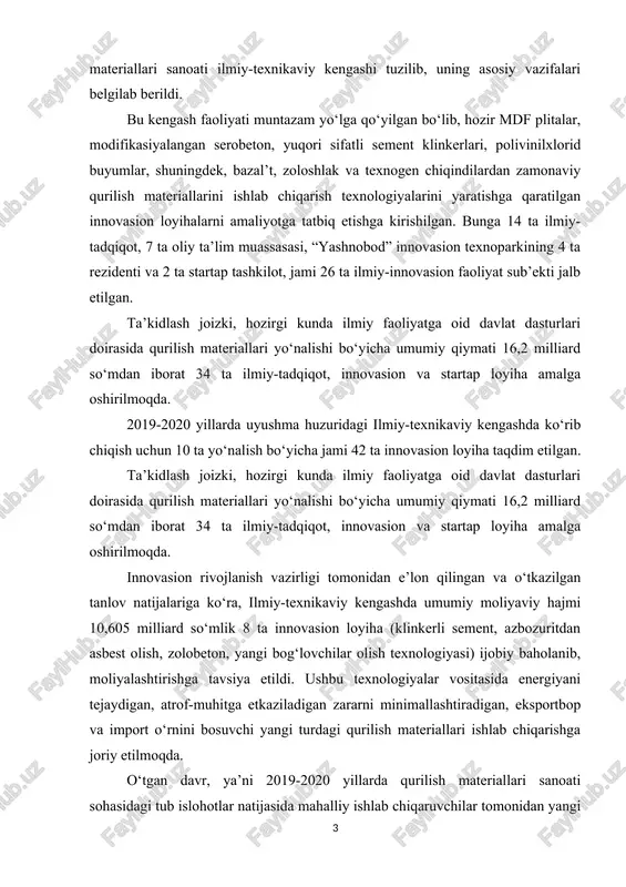 iyalar vositasida energiyani tejaydigan, atrof-muhitga etkaziladigan zararni minimallashtiradigan, eksportbop va import o‘rnini bosuvchi yangi turdagi qurilish materiallari ishlab chiqarishga joriy etilmoqda. o‘tgan davr, ya’ni 2019-2020 yillarda qurilish materiallari sanoati sohasidagi tub islohotlar natijasida mahalliy ishlab chiqaruvchilar tomonidan yangi turdagi innovasion, eksportbop va import o‘rnini bosuvchi qurilish materiallari — gulqog‘oz, suyuq gulqog‘oz, zoloblok, gazoblok, penoblok, polistrolblok, kompozit (asbestsiz) shifer, o‘tga chidamli o‘isht, yumshoq tom yopqich materiallari, izolyasiyalash materiallari va mahsulotlari (bazal’tli, mineralli, toshdan olingan), bazal’tdan armatura, tola, to‘r, frita (kafellarga rang berishda ishlatiladigan xomashyo), dekorativ bo‘yoqlar, mozaika (toshli, shishali va keramikali), sport va maishiy li№leum, shisha tolasi, shisha tolasidan to‘r, gidroizolyasiya materiallari, geotekstil, geomembrana, bentonit mat (to‘shama), geoto‘r, geopanjara va geokompozit kabi mahsulotlarni ishlab chiqarish o‘zlashtirildi. bugungi kunda respublikada 31 ta korxonada zamonaviy va energiyani tejaydigan qurilish materiallaridan gazobeton bloklar (yillik ishlab chiqarish quvvati 1 032 ming kub metr), 6 ta korxonada penobeton bloklar (yillik ishlab chiqarish quvvati 40 ming kub …