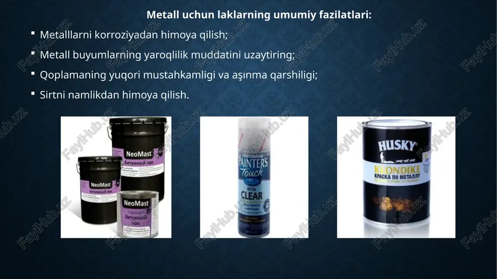 himoya qilishning o'ziga xos turi. material issiqlikka chidamli (+250 c haroratga bardosh beradi, mahsulotning hidrofobikligini yaratadi, korroziyadan himoya qiladi, ob-havoga chidamliligining barcha ko'rsatkichlari juda yuqori. o'zgartirilgan sifatida ishlatiladi metall dizdeliya maxsus kompozitsiyalar bilan bo'yalgan, ular bazaga yopishishini kuchaytiradigan tarkibiy qismlarga ega. metall yuzasi tez buzilishdan himoyaga muhtoj. buning uchun metall laklar ishlatiladi. ba'zan metall ko'rinishini ta'kidlash uchun shaffof lak qo'llaniladi. ammo pigmentli formulalar mavjud. quritgandan keyin quyuq plyonka paydo bo'ladi. har xil turdagi laklar turli xil himoya qoplamalarini yaratadi.alkid, akril va boshqa bo'yoq aralashmalaridagi qoplamalar. ular g'isht ishlarini va pechning metall qismlarini qoplashlari mumkin. tashqi va ichki ishlarni bajarishda atmosfera muhitiga ta'sir qilmaydi. shaffof metall laklar juda qimmatlidir, chunki ular mustaqil dekorativ vosita sifatida ham, bo'yashdan oldin himoya asosi sifatida ham harakat qilishlari mumkin. bunday eritmalarning muhim xususiyatlari: korroziyaga qarshi, ob-havoga chidamlilik, issiqlikka chidamlilik. image2.jpeg image3.jpeg image4.jpeg image5.jpeg image6.jpeg image7.jpeg image8.jpeg image9.jpeg image10.jpeg image11.jpeg image12.jpeg image13.jpeg image14.jpeg u kupfer forja …