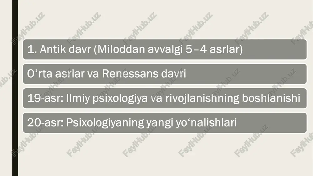 osh (40-65 yosh) keksalik davri (65 yosh va undan yuqori) davrlashtirish nazariyalari psixik rivojlanishni davrlashtirishning asosiy muammolari davrlarning aniqligi: psixik rivojlanishning bosqichlarini aniq belgilash qiyin. rivojlanishning tabiati individualdir va shaxslar o'rtasida farqlar mavjud. misol uchun, ba'zi bolalar o'zini anglashni va tilni o'rganishni tezroq rivojlantirsa, boshqalar sekinroq rivojlanadi. genetik va ijtimoiy omillar: psixik rivojlanishda faqat biologik omillar (yoshga mos o'zgarishlar) emas, balki ijtimoiy muhit, oila tarbiyasi va madaniyatning roli ham katta. ba'zi psixologik davrlar ijtimoiy yoki madaniy faktorlar tufayli uzoqroq yoki tezroq o'tishi mumkin. psixologik davrlarning chegaralari: psixik rivojlanishning davrlarini belgilashda chegaralarni belgilash ham qiyinchilik tug'diradi. masalan, "bolalik" davrini 3 yoshgacha, "yoshlar"ni 12-18 yoshgacha va "katta yosh"ni 20-40 yoshgacha deb ajratish an'anaviy, ammo bu chegaralar ba'zan noaniq va shaxsga qarab farq qiladi. psixik rivojlanish davrlari psixik rivojlanishning asosiy bosqichlarini quyidagicha ajratish mumkin: bola davri: bu davrda bola jismoniy va psixik rivojlanishning birinchi bosqichlarini o'rganadi. o'zini anglash, tilni o'rganish, emotsional aloqalar qurish, …