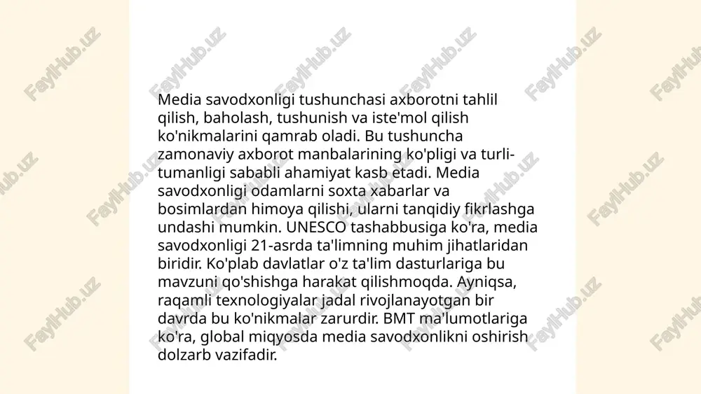 ar yaratmoqda. ... t.me/slaydai_bot yolg'on axborotni aniqlash muhim masala hisoblanadi. so'nggi yillarda, texnologiyalar rivojlanishi bilan soxta xabarlar keng tarqalmoqda. 2020-yilda o'tkazilgan tadqiqotlar ko'ra, ijtimoiy tarmoqlarda yolg'on xabarlar haqiqiylardan 70% tezroq tarqaladi. yolg'on axborotni aniqlash uchun sun'iy intellektdan foydalanish imkoniyatlari kengaymoqda. masalan, media bias/fact check yoki snopes kabi saytlar bu borada yordam beradi. shuningdek, google reverse image search orqali bir suratning haqiqiyligini tekshirish mumkin. ma’lumotlar haqiqiyligini tekshirish foydalanuvchilar uchun muhim chora hisoblanadi va buning uchun turli vositalar mavjud. ... t.me/slaydai_bot media kontentni tahlil qilish, axborotning turli formatlarda taqdim etilishini o'rganishdir. o'zbekiston statistikasiga ko'ra, mamlakatda aholining 65% dan ortig'i internetdan foydalanadi. har kuni 5000 dan ziyod yangi media materiallar yaratiladi, jumladan maqolalar, videolar va podkastlar. ushbu materiallarning 40% ijtimoiy tarmoqlarda tarqaladi. tahlil jarayonida media kontentning sifati, ob'ektivlik darajasi va auditoriyaga ta'siri o'rganiladi. so'rovnomalarga ko'ra, foydalanuvchilarning 70% dan ko'prog'i yangiliklar olish uchun internet media manbalariga ishonadi. 50% foydalanuvchilar esa kontent mahsulotini ishonchlilikka asoslangan …