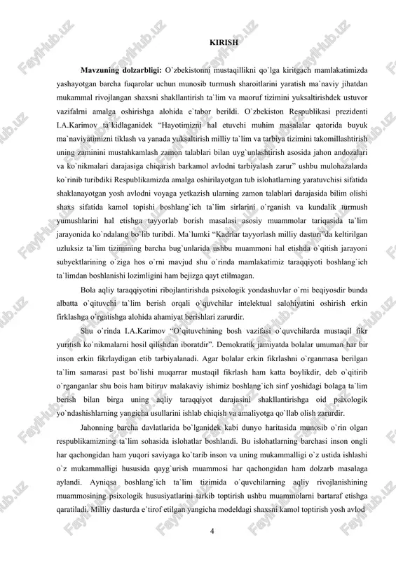 yangicha modeldagi shaxsni kamol toptirish yosh avlod 4 ongining ta`lim olish davridagi rivojlanish tendinsiyalaridan tortib toki yangicha o`qitish texnologiyalarini bola tominidan o`zlashtirishi va undagi aqliy intelektual qobiliyatlarga nechog`lik ta`sir ko`rsatayotganligini o`rganish ma`naviy barkamollik tamoillarini maktabda va yangi tipdagi ta`lim muassasalarida joriy etish psixologik yo`ndashish o`qitishning eng ilg`or va zamonaviy shakllarini amaliyotga tadbiq etishni taqozo etadi. boshlang`ich ta`lim tizimida o`quvchilarning bilish jarayonlari va aqliy rivojlanishni tarkib toptirishda psixologik yo`ndashuvlarning tadbiq etish ishning bosh maqsadi sifatida gavdalanadi. bitiruv malakaviy ishning maqsadi: boshlangich sinf o`quvchilarida aqliy taraqqiyot shakllanishining psixologik xususiyatlarini o`rganish. bitiruv malakaviy ishining vazifalari: · tanlangan mavzuga oid adabiyotlarni o`rganish, tahlil qilish psixologik ta'limotlarni umumlashtirish: · boshlangich sinf o`quvchilarining aqliy taraqqiyotida bilish jarayonilarinig ahamiyatini psixologik tahlil qilish. · o`quvchilarning aqliy (intellektual) rivojlanishining o`ziga xos psixologik xususiyatlarini aniqlash; · o`quvchilarning aqliy (intellektual) rivojlanishining samarali metod va vositalarini aniqlash; bitiruv malakaviy ishning obyekti: boshlang`ich sinf o`quvchilari. bitiruv malakaviy ishning predmeti: boshlang`ich sinf o`quvchilarining aqliy …