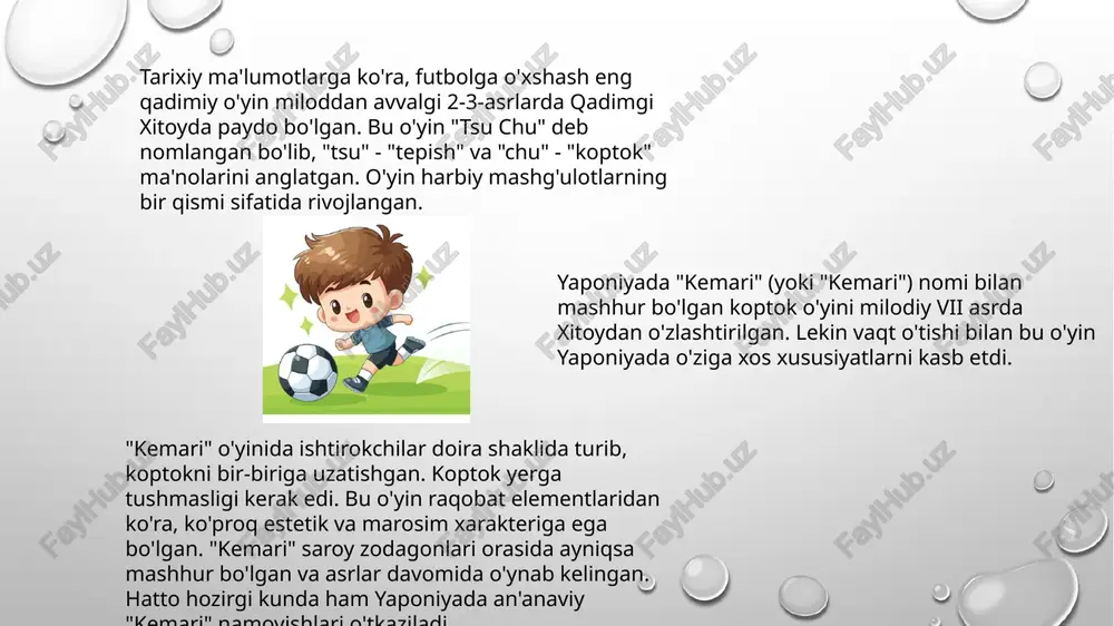 i (the football association)ni tashkil etishdi. bu esa futbol tarixida zamonaviy futbolning tug'ilish sanasi sifatida qayd etiladi. xix asrning oxiri va xx asrning boshlarida futbol buyuk britaniyadan chiqib, butun dunyo bo'ylab tarqala boshladi. bu jarayonda ingliz savdogarlari, dengizchilari, muhandislari va o'qituvchilari muhim rol o'ynadi. birinchi rasmiy xalqaro o'yin 1872-yil 30-noyabrda glazgo shahrida shotlandiya va angliya terma jamoalari o'rtasida o'tkazildi. o'yin 0:0 hisobi bilan yakunlandi. bu o'yin nafaqat futbol tarixida, balki sport tarixida ham birinchi rasmiy xalqaro o'yin sifatida qayd etilgan. keyinchalik buyuk britaniyaning to'rt davlati (angliya, shotlandiya, uels va shimoliy irlandiya) o'rtasida muntazam ravishda o'yinlar tashkil etila boshlandi. 1884-yilda british home championship (britaniya ichki chempionati) tashkil etildi – bu dunyodagi eng qadimgi xalqaro futbol turniri hisoblanadi. 1904-yil 21-mayda parijda fransiya, belgiya, daniya, gollandiya, ispaniya, shvetsiya va shveytsariya vakillarining yig'ilishida fifa (fédération internationale de football association – xalqaro futbol federatsiyalari assotsiatsiyasi) tashkil etildi. fifa futbolning xalqaro boshqaruv organi sifatida o'yin qoidalarini …