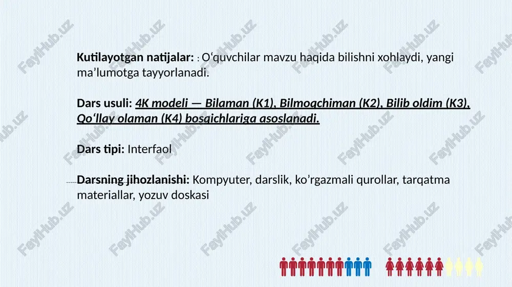 er, karnay orqali). 💡 apparat ta’minotiga kiruvchi asosiy qismlar: ichki qurilmalar: protsessor, operativ xotira, qattiq disk, anakart va boshqalar. tashqi qurilmalar: monitor, klaviatura, sichqoncha, printer, skaner, fleshka va h.k. apparat ta’minoti — bu kompyuterning “tanasi” hisoblanadi. ichki qurilmalar protsessor (cpu) — kompyuterning “miyasi”, barcha hisob-kitob va boshqaruv ishlarini bajaradi. 💾 operativ xotira (ram) — dasturlar ishlayotganda vaqtincha ma’lumotlarni saqlaydi. 🗂️ qattiq disk (hdd yoki ssd) — ma’lumotlar va dasturlarni uzoq muddatli saqlaydi. ⚙️ anakart (ona plata) — barcha ichki qurilmalarni o‘zaro bog‘lab turadi. 🔋 quvvat manbai (blok pitaniya) — elektr energiyasini ta’minlaydi. 🎮 video karta (grafik karta) — tasvirlarni qayta ishlaydi va monitor ekraniga uzatadi. tashqi qurilmalar tashqi qurilmalar — bu kompyuterga tashqaridan ulanadigan va foydalanuvchi bilan aloqa o‘rnatishga yordam beradigan vositalardir. ular ma’lumotlarni kiritish, chiqarish yoki saqlashda ishtirok etadi. iii. yangi mavzu bayoni iii. yangi mavzu bayoni iii. yangi mavzu bayoni uyga vazifa berish darslikdagi uyga vazifa uchun ajratilgan …