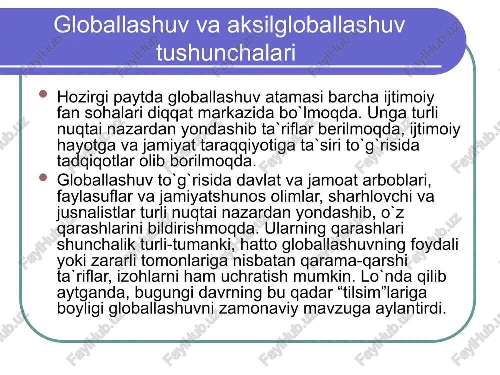 bariga nimaki qanday qudratni qarshi qo`yish lozimligiga ham aqlimiz yetadi. bu birinchi navbatda xalqimizning or-nomusi, diniy va dunyoviy e`tiqodi, ma`rifatini o`zida mujassam etgan ma`naviy qudratdir. ta`bir joiz bo`lsa aytish mumkinki, bugngi zamonda mafkura poligonlari yadro poligonlaridan ham ko`proq kuchga ega. bu masalani kishining doimo ogoh bo`lishga vundovchi tomoni shundaki, agar harbiy, iqtisodiy, siyosiy tazyiq bo`lsa, buni sezish, ko`rish, oldini olish mumkin, ammo mafkuraviy tazyiqni, uning ta`siri va oqibatini tezda ilg`ab yetish nihoyatda qiyin. xulosa shunday qilib, globallahuvning ma`naviy kurash jarayonlari oshkora yoki ko`zga ochiq tashlanmasada biroq milliy-ma`naviy qarash va fikrlashimiz yuzaga kelayotgan ziddiyatlarni yengishimiz, milliy ijtimoiy muhitni ta`minlashimizda namoyon bo`lmoqda. shuni ham alohida aytib o`tish lozimki, yoshlarda milliy-ma`naviy immunitetni shakllantirish bu – umuminsoniy qadriyatlar, zamonaviy fan va texnika yutuqlaridan voz kechish kerak degani emas? aksincha, mana shu globallashuv ta`sirida umuminsoniy qadriyatlar bilan birga qorishib kirib kelayotgan ommaviy ma`naviyatdan ogoh bo`lishini va milliyligimizga salbiy ta`sir ko`rsatuvchi qarashlarga nisbatan milliy-ma`naviy odob, axloq, …