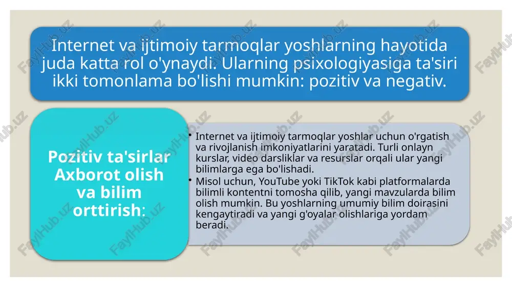 axfiylik va shaxsiy ma'lumotlar: ma'lumotlarni himoya qilish: internetda ko'plab yoshlar shaxsiy ma'lumotlarini (telefon raqami, manzil, ijtimoiy tarmoqlarda bo'lgan joylar) ulashadilar. bu ma'lumotlar turli xakerlar yoki zararli shaxslar tomonidan ishlatilishi mumkin. yoshlarni shaxsiy ma'lumotlarni internetda tarqatishdan ehtiyot bo'lishga o'rgatish kerak. shaxsiy ma'lumotlar va moliyaviy xavf: yoshlar ba'zan onlayn o'yinlar yoki platformalarda haqiqatdan farqli ravishda shaxsiy ma'lumotlarini (masalan, kredit karta raqamlarini) ko'rsatishadi, bu esa ularni firibgarlik va moliyaviy zarar etkazilishiga olib kelishi mumkin. internetda xavfsiz muloqot qilish yoshlarni xavfsiz muloqot qilishga o'rgatish: ehtiyotkorlik: yoshlar internetda onlayn muloqotda bo'lishda ehtiyotkor bo'lishlari kerak. o'zlarini noma'lum shaxslar bilan shaxsiy mavzularda gaplashishdan saqlanish, shuningdek, o'z haqidagi noaniq yoki maxfiy ma'lumotlarni oshkor etmaslik zarur. yoshlarni "do'stlar" bilan onlayn muloqot qilishda faqat ishonchli manbalarga tayanish va o'z xavfsizliklariga e'tibor berishga o'rgatish muhim. tarmoqlarda boshqalarga hurmat ko'rsatish: yoshlar onlayn muloqotda boshqalarga hurmat ko'rsatish va adolatli bo'lishni o'rganishlari kerak. onlayn muloqotda salbiy yoki haqoratomuz xatti-harakatlar kiberbullying va onlayn zo'ravonlikka olib …