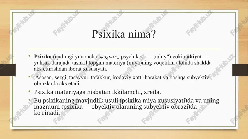 ib yuboradigan va boshqa xildagi ta'sirlar oqibatida uni tormozlaydigan, odamlar xulq–atvoridagi (temperament, xarakter va b.) tafovutlarni aniqlaydigan doimiy boshqaruvchilaridir. psixik hodisalar psixik hodisalar uchta guruhga ajratiladi. psixik jarayonlar. psixik xususiyatlar(sifatlar). psixik holatlar. image7.png image8.jpg image9.jpg image10.png image11.jpeg image3.png image4.png i) il /docprops/thumbnail.jpeg