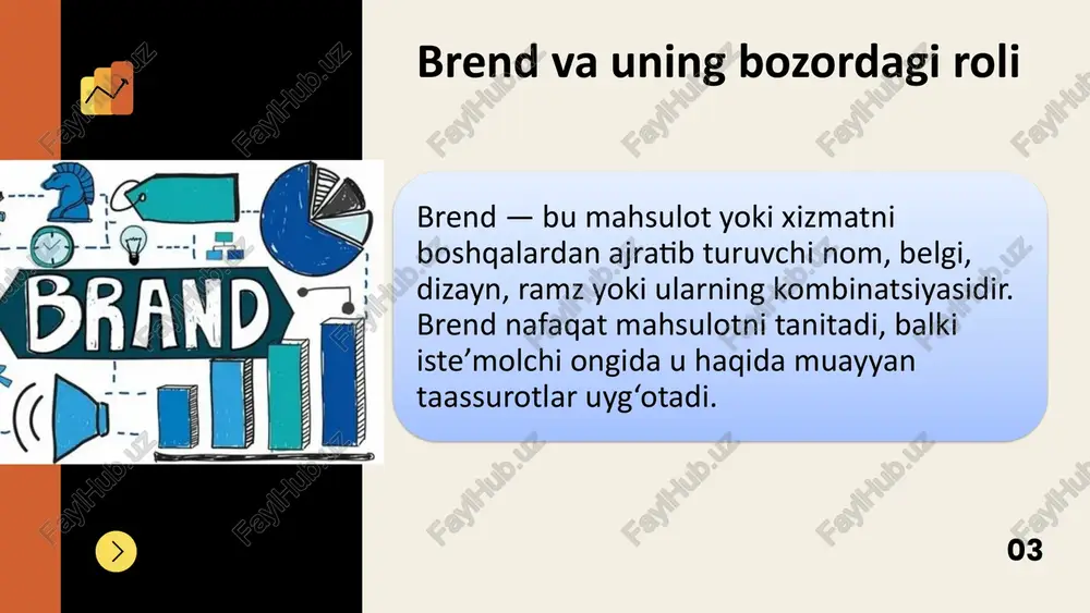 obatchilardan farq qilishiga bog‘liq. yuqori farqlanish — brend raqobatchilardan ajralib turadi va bu unga premium narx belgilash imkonini beradi. masalan: apple — dizayn, interfeys, ekotizim orqali o‘z brendini farqlaydi. o‘ziga xoslik darajasi baland bo‘lgan brendlar ko‘proq sodiq mijozlarga ega bo‘ladi. 11 12 brend sodiqligi va mijozlar xulq-atvori brend sodiqligi — mijozlarning ushbu brendga bog‘lanib qolishi va raqobatchilarga o‘tmasligi. takroriy xaridlar – brend sodiqligini ko‘rsatuvchi asosiy indikator. mijoz tavsiyalari (net promoter score) – mijozlar boshqa odamlarga brendni tavsiya qiladimi? sodiqlik dasturlari – mijozlarni ushlab qolish strategiyasi sifatida xizmat qiladi. misol: starbucks o‘zining mukofot dasturlari bilan mijozlar sodiqligini oshirib, brend qiymatini mustahkamlagan. 13 bozor ulushi, narx siyosati va brend premiumi bozor ulushi – brendning umumiy bozorga nisbatan egallagan foiz ulushi. narx premiumi – shu segmentdagi boshqa mahsulotlarga nisbatan yuqoriroq narxda sotilishi. agar brend mahsuloti o‘xshash raqobatchilardan qimmatroq bo‘lsa-yu, mijozlar baribir uni tanlasa — bu uning kuchli brend qiymatiga ega ekanligini bildiradi. misol: …