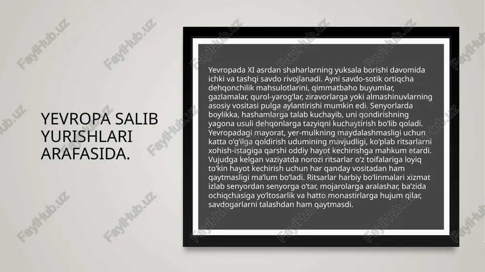 n o‘lka, unda sut va asal daryo bo‘lib oqadi, deb ta’riflaydi. to‘planganlar “xudoning xohishi shu!” deb hayqirib, shu yerning o‘zida kiyimlariga matodan tayyorlangan but shaklini tika boshlaydilar. ikkinchi salib yurishi (1147–1149) – damashqni egallash uchun uyushtirilgan. – xristianlar muvaffaqiyatsizlikka uchradi. uchinchi salib yurishi (1189–1192) quddusni musulmon sultoni salohiddin ayyubiy egallagach, xristianlar uni qaytarib olish uchun yurish boshlagan. angliya qiroli richard sher yurak va salohiddin o‘rtasida janglar bo‘lib o‘tgan. quddus musulmonlar qo‘lida qolgan. to‘rtinchi salib yurishi (1202–1204) – vizantiya imperiyasining ichki mojarolari ta’sirida konstantinopol bosib olindi va talon-toroj qilindi. – muqaddas yer emas, xristian vizantiya nishonga olingan beshinchi salib yurishi (1217–1221) – misrni egallash uchun uyushtirilgan. – yevropaliklar muvaffaqiyatsizlikka uchradi. oltinchi salib yurishi (1228–1229) – fridrix ii tomonidan uyushtirilgan. – diplomatik yo‘l bilan quddusni vaqtincha qaytarib olishga muvaffaq bo‘lindi. yettinchi salib yurishi (1248–1254) – frantsiya qiroli lui ix tomonidan misrga uyushtirilgan. – muvaffaqiyatsizlik bilan tugagan. sakkizinchi salib yurishi (1270) – lui …