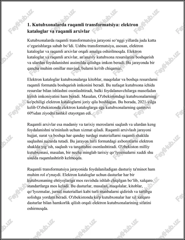 ng barchasi jami bilim manbalarini bir joyda to'plash va oson kirish imkoniyatini yaratish uchun xizmat qiladi. 2. virtual kutubxonalar va masofaviy kutubxona xizmatlari virtual kutubxonalar va masofaviy kutubxona xizmatlari haqidagi so'nggi ma'lumotlar quyidagicha: 1. **virtual kutubxonalar**: virtual kutubxonalar bu kutubxona xizmatlarini internet orqali taqdim etuvchi platformalardir. ushbu kutubxonalar foydalanuvchilarga elektron resurslar, masalan, raqamli kitoblar, ilmiy maqolalar, jurnallar va boshqa turdagi ma'lumotlarni taqdim etadi. o‘zbekiston milliy kutubxonasi 2013-yilda "elektron kutubxona" sifatida boshlab, internet orqali 200,000 dan ortiq raqamlashtirilgan nashrlarni taqdim etmoqda. 2. **o‘zbekiston kutubxonalari**: mamlakatimizda 2020-yil ma'lumotlariga ko‘ra, 1200 dan ortiq jamoat kutubxonalari mavjud bo‘lib, ulardan ko‘pchiligi virtual xizmatlarni ham yo‘lga qo‘ygan. toshkentdagi alisher navoiy nomidagi o‘zbekiston milliy kutubxonasi mamlakatimizda eng yirik elektron ma'lumotlar bazasiga ega. 3. **masofaviy kutubxona xizmatlari**: ushbu xizmatlarning maqsadi, foydalanuvchilarga masofadan turib, kutubxonaning asosiy xizmatlaridan foydalanishga imkon berishdir. elektron kitoblar, audokitoblar, ilmiy jurnal maqolalari va boshqa raqamli resurslar masofadan turib olish mumkin. o‘zbekistonda masofaviy o‘qituv tizimlari va …