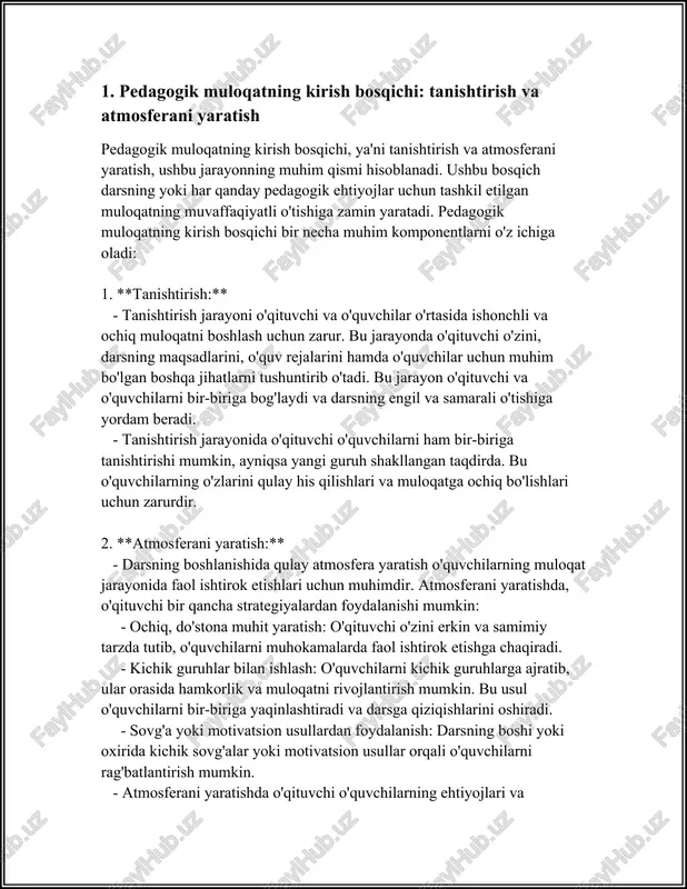 eruvchi tomonidan amalga oshiriladi va uning asosiy maqsadi o‘quvchining hozirgi bilim darajasini hamda uning ehtiyojlarini aniqlashdir. bu jarayon o‘qituvchilarga o‘quvchilarga qanday materiallar va metodlar bilan ta'lim berishni rejalashtirishda yordam beradi. diagnozlash bosqichi bir necha bosqichlarni o‘z ichiga oladi. birinchi bosqichda o‘quvchilar mavjud bilimlarini baholash uchun diagnostik testlar yoki so‘rovlar qo‘llaniladi. bu testlarning maqsadi o‘quvchining mavjud bilim darajasini aniqlash va qaysi sohalarda u qo‘shimcha yordamga muhtojligini belgilashdir. bunday testlar odatda o‘quv yilining boshida yoki yangi mavzuga kirishdan avval o‘tkaziladi. ikkinchi bosqich o‘quvchilar ehtiyojlarini aniqlashdir. bu jarayon o‘quvchilarning shaxsiy, ijtimoiy va akademik ehtiyojlarini aniqlashni o‘z ichiga oladi. o‘quvchilar bilan interv'yu qilish, kuzatish, ota-ona va o‘qituvchilar bilan suhbatlashish kabi usullar yordamida ushbu ehtiyojlar aniqlanadi. o‘quvchilar ehtiyojlari turli hil bo‘lishi mumkin: ba'zi o‘quvchilar ko‘proq e'tibor talab qilishi mumkin, boshqalari esa mustaqil ishlashni afzal ko‘rishi mumkin. diagnozlash bosqichi ma'lumot tahlili bilan davom etadi. unda o‘quvchilardan olingan ma'lumotlar tahlil qilinib, umumiy taassurot hosil qilinadi. oqibatda esa …