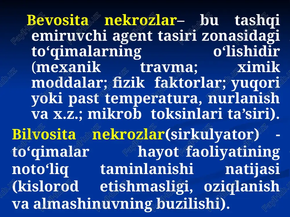 bo‘lmasligi. infeksiya qushiladi. intoksikatsiya belgilaring yo‘qligi. intoksikatsiya rivojlanadi. gistologik – koagulyasion nekroz ustun turadi. gistologik – kollikvatsion nekroz ustun turadi quruq gangrenani davolash mahalliy davolash: infeksiya tushishini oldini olish maqsadida to‘qimalarni quritish (nekrozlangan to‘qimalarni kaliy permanganat yoki brilliant yashili eritmalari bilan oshlash); segmentli nekrektomiya yoki amputatsiya qilish (demarkatsion chiziq paydo bo‘lgach umumiy davolash: og‘riqni bartaraf qilish; spazmalitiklar (no-shpa); to‘qima va qon tomir protektorlari (nikotin kislotasi, agapurin, trental, solkoseril); vitaminoterapiya (v gurux vitaminlari); dezagregantlar (aspirin, kurantil); antikoagulyantlar (finilin, geparin); infeksiya profilaktikasi(antibiotiklari); gbo. ho‘l gangrenani davolash maxalliy davolash: erta davrlarda quruq gangrenaga o‘tkazishga harakat qilinadi – infeksiya tushishini oldini olish maqsadida to‘qimalarni quritish (nekrozlangan to‘qimalarni kaliy permanganat yoki brilliant yashili eritmalari bilan oshlash); oyoqlarni yuqori amputatsiyasi va organlarni sog‘lom to‘qima zonasidan rezeksiya qilish umumiy davolash: og‘riqni bartaraf qilish ; dezintoksikatsion terapiya (gemodez, polidez, elektrolit eritmalar); to‘qima va qon tomir protektorlari (nikotinovaya kislota, agapurin, trental, solkoseril); vitaminoterapiya (v gurux vitaminlari); dezagregantlar (aspirin, kurantil); …