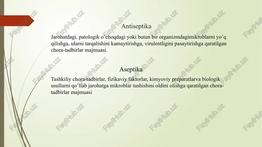 tiradi va denaturatsiya qiladi. nitrofuranlar. yuqori bakteriotsid xususiyatga ega bo’lib, stafilokokklar, anaerob bakteriyalar va ichak tayoqchasi bilan bog’liq patologikholatlarda keng miqyosda ishlatiladi. bo’yoqlar. rangli orgnanik birikmalar bo’lib,to’qimalarni bo’yaydi hamda mikroblarga qarshi ta’sir qiladi.metilin ko’ki 1-3%li spirtli eritma holida kuyishlarni, piodermiylarni davolashda oshlovchi va antiseptik vosita sifatida ishlatiladi.brilliant yashili 1-2%li eritmalariantiseptik vosita sifatida sirtga ishlatiladi.tillarang stafilakokkga tanlab ta’sir ko’rsatadi.rivanol 1:1000-1:2000 yangi tayyorlangan eritma ko’rinishida yiringli bo’shliqlar va yaralarni yuvish uchun ishlatiladi. osmotik ta’sirga ega bo’lgan vositalar. mikroblarga qarshi xususiyatga ega bo’lib, mikrob hujayrasi bo’shlig’ida suyuqlik bosimini pasaytiradi. detergentlar. yuza faol antiseptiklarning ta’sir mexanizmi mikrob hujayra oqsillarini denaturatsiya qilishga, mikroorganizmlar ferment almashinuvini va osmotik muvozanatini buzishga asoslangan.novosept suvdagi eritmasi 3%li eritma holida xirurg qo’liga va operatsiya maydoniga ishlov berish maqsadida qo’llaniladi.rokkal 0.1%li eritma sifatida xirurg qo’liga, 1%li eritmasi esa operatsiya maydoniga ishlov berishda qo’llaniladi. xinoksalin hosilalari. xinoksalin keng antibakterial xususiyatga ega bo’lib,ayniqsa, ichak tayoqchasi va ko’k yiring tayoqchasi, vulgar proteyi, gazli gangrena …