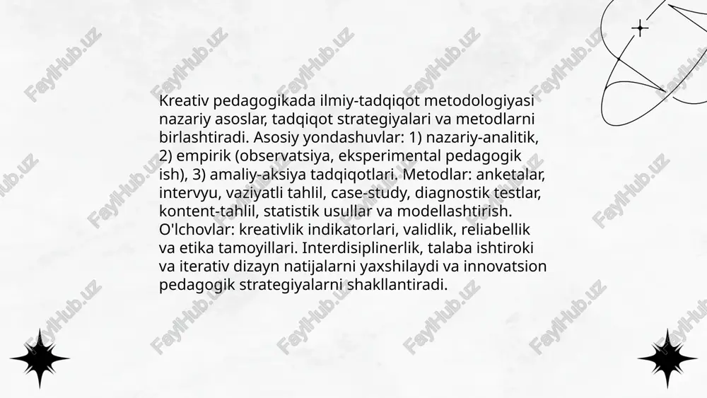 iqoti, ishtirok etuvchi kuzatuv, hujjat va madaniy kontekst tahlili. fenomenologiya: chuqur intervyu, fenomenlarni deskripsiya qilish, tajriba strukturasi va ma'nolarini aniqlash. ikkalasi triangulyatsiya, refleksivlik, axloqiy rozilik va ishtirokchi ovozini ta'kidlaydi, yangi pedagogik modellarga empirik asos beradi. ... t.me/slaydai_bot intervyu va fokus-guruhlar orqali o‘qituvchilar va o‘quvchilarning kreativ fikrlari sifat jihatidan chuqur o‘rganiladi. usul uchun maqsad, namunaviy tanlov (maqsadli, maksimal variasiya), yarimqurilma intervyu va strukturali savollar, fokus-guruh protseduralari (moderator, 6–8 ishtirokchi), yozib olish va transkripsiya, mavzu tahlili (tematik kodlash), triangulyatsiya, etika (rozilik, maxfiylik), ishonchlilikni oshirish uchun ishtirokchi tekshiruvi va hamkasb muhokamasi tavsiya etiladi. kreativ pedagogika fanining ilmiy tadqiqot metodi gulshanoy shodiyeva e'tiboringiz uchun raxmat! image1.png image2.png image3.png /docprops/thumbnail.jpeg