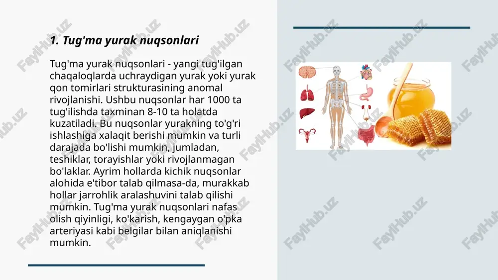 sosiy xavf omillari orasida tamaki chekish, ifloslangan havo va zararli moddalarga uzoq vaqt davomida ta'sir qilish kiradi. kasallik erta bosqichda aniqlansa, vaqti-vaqti bilan tekshirish hamda davolanish ahamiyatli hisoblanadi. texnologiyalar rivojlangani sari diagnostika va davolash usullari takomillashmoqda. ... t.me/slaydai_bot 7. yurak ishemik kasalligi yurak ishemik kasalligi (yik) yurak muskullariga qon oqimi yetarli darajada yetkazilmaganda yuzaga keladi. dunyo bo'ylab yurak ishemik kasalligi yurak kasalliklaridan o'limning asosiy sabablaridan biri hisoblanadi. kasallikni rivojlanishida xavf omillari orasida yuqori qon bosimi, yuqori xolesterin darajalari va chekish bor. yik signal ogohlantiruvchilari qatoriga ko'krak og'rig'i, nafas qisishi va charchoq kiradi. tadqiqotlarga ko'ra, yurak ishemik kasalligi bilan og'rigan bemorlarning o'rtacha yosh chegarasi erkaklarda 45 yoshdan, ayollarda esa 55 yoshdan oshadi. davolash usullari orasida hayot tarzini o'zgartirish, dori-darmonlar va ayrim hollarda jarrohlik amaliyotlari qo'llaniladi. ... t.me/slaydai_bot yurak aritmiyalari yurak urish tezligi yoki ritmining buzilishidir. aritmiyalar yurakning juda tez (taxikardiya) yoki juda sekin (bradikardiya) urishiga olib kelishi mumkin. bunda yurak normal …