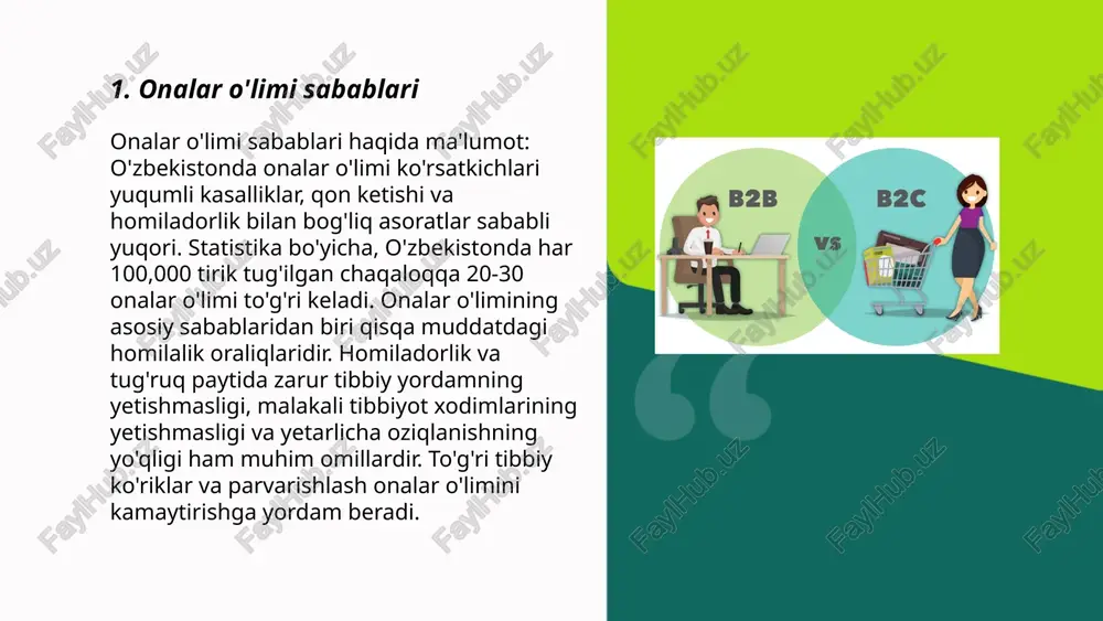 ko‘pincha ko‘p qon yo‘qotilishi natijasida yuzaga keladi va vaqtida tibbiy yordam ko‘rsatilmasa o‘lim xavfi yuqori bo‘lishi mumkin. infeksiyalar esa gigiena qoidalariga rioya qilinmasa yuzaga keladi. preeklampsiya yuqori qon bosimi va siydikda oqsil paydo bo‘lishi bilan ajralib turadi. yuqoridagi xavflarni kamaytirish uchun malakali tibbiy yordam zarur. ... t.me/slaydai_bot 7. onalar o'limi va emizish muammolari onalar o'limi ko'rsatkichlari, asosan, homiladorlik va tug'ish bilan bog'liq asoratlar sababli yuqori bo'lishi mumkin. jahon sog'liqni saqlash tashkiloti ma'lumotlariga ko'ra, har yili dunyoda qariyb 295,000 ayol onalar o'limidan vafot etadi. o'zbekistonda onalar o'limi darajasi 2020 yilda har 100,000 tirik tug'ilgan chaqaloqqa 18 tani tashkil etgan. emizish muammolariga kelganda, ko'krak tiqilishi, yallig'lanish (mastit) yoki sut etishmasligi muammolari uchraydi. unicef tavsiyasiga ko'ra, chaqaloqlarni hayotining birinchi oltimo oyi davomida faqatgina ona suti bilan oziqlantirish kerak, lekin ba'zi hollarda bu qiyinchiliklar tufayli amalga oshirilmaydi. ... t.me/slaydai_bot rivojlanayotgan mamlakatlarda onalar o'limi darajasi xalqaro salomatlik uchun katta muammo hisoblanadi. jahon sog‘liqni saqlash tashkiloti …