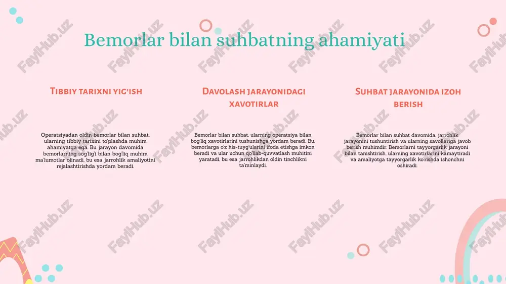 arayonda og'riq va noqulayliklar haqida haddan tashqari tashvishlanishlari mumkin. bunday holatlar bemorlarning ruhiy holatini yomonlashtirishi va tayyorgarlik jarayonini murakkablashtirishi mumkin. muvaffaqiyatli misollar bemorlarni psixologik tayyorgarlikda muvaffaqiyatli misollar sifatida individual maslahatlar, guruh sessiyalari va psixoterapevtik yondashuvlar kiritilishi mumkin. masalan, psixologik qo'llab-quvvatlash dasturlari ishga tushirilishi orqali bemorlar o'z hissiyotlarini ifoda etish va stressni boshqarish usullarini o'rganish imkoniyatiga ega bo'lishadi. shuningdek, yangi tadqiqotlar va texnologiyalar kelgusidagi rivojlanish yo'nalishlari sifatida bemorlar uchun yanada samarali tayyorgarlik usullarini taklif etadi. amaliyotdan oldin tibbiy ko'rikning roli tibbiy ko'rikning ahamiyati tibbiy ko'rik operatsiyadan oldin bemorning umumiy holatini baholash va zarur tahlillarni o'tkazish uchun muhimdir. bu jarayon bemorning operatsiyaga tayyorgarlik ko'rishiga yordam beradi va potentsial muammolarni aniqlaydi. bemorning holatini baholashdagi roli tibbiy ko'rik bemorning jismoniy va psixologik holatini baholashda, shuningdek, operatsiyaga tayyorgarlik ko'rish jarayonida muhim rol o'ynaydi. bu bemorning sog'lig'ini yaxshilash va operatsiya natijalarini oldindan belgilash imkonini beradi. tibbiy ko'rik davomida foydalaniladigan asboblar va usullar - fizik ko'rik: bemorning …