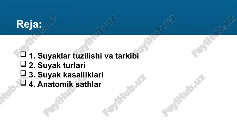 ta’sirini to‘sadi → natijada osteoklast faolligi kamayadi. 20 calcium metabolism * normal calcium levels 8.5-10.2 mg/dl (2.13-2.55 millimole/l) 21 klinik belgilar ko‘pincha “sokin kasallik” – uzoq vaqt hech qanday simptom bermaydi. suyak sinishlari (ayniqsa: son suyagi, umurtqa pog‘onasi, bilak). umurtqa sinishi → qomatning bukchayishi ("dowager’s hump"). bo‘yi qisqarib borishi. surunkali bel yoki orqa og‘riqlari. diagnostika dexa (dual-energy x-ray absorptiometry) – suyak mineral zichligini (bmd) o‘lchash uchun oltin standart. t-score ≤ –2.5 → osteoporoz. qon tahlillari – kalsiy, fosfor, vitamin d, pth darajasi. “bir martalik skrining 65 yosh va undan katta ayollarga tavsiya etiladi.” 24 25 dexa scan 26 davolash hayot tarzi: jismoniy mashqlar (yuklama bilan). sog‘lom ovqatlanish (ca va d vitamin boy taomlar). chekish va alkogolni tashlash. dori vositalari: kalsiy + vitamin d qo‘shimchalari. bisfosfonatlar (alendronat, risedronat). denosumab (rankl inhibitörü). teriparatid (pth analogi). estrogen yoki serms (faqat postmenopauzal ayollarda). 27 anatomik sathlar 1.frontal sath (planum frontale) oldingi( anterior, ventralis) orqa …