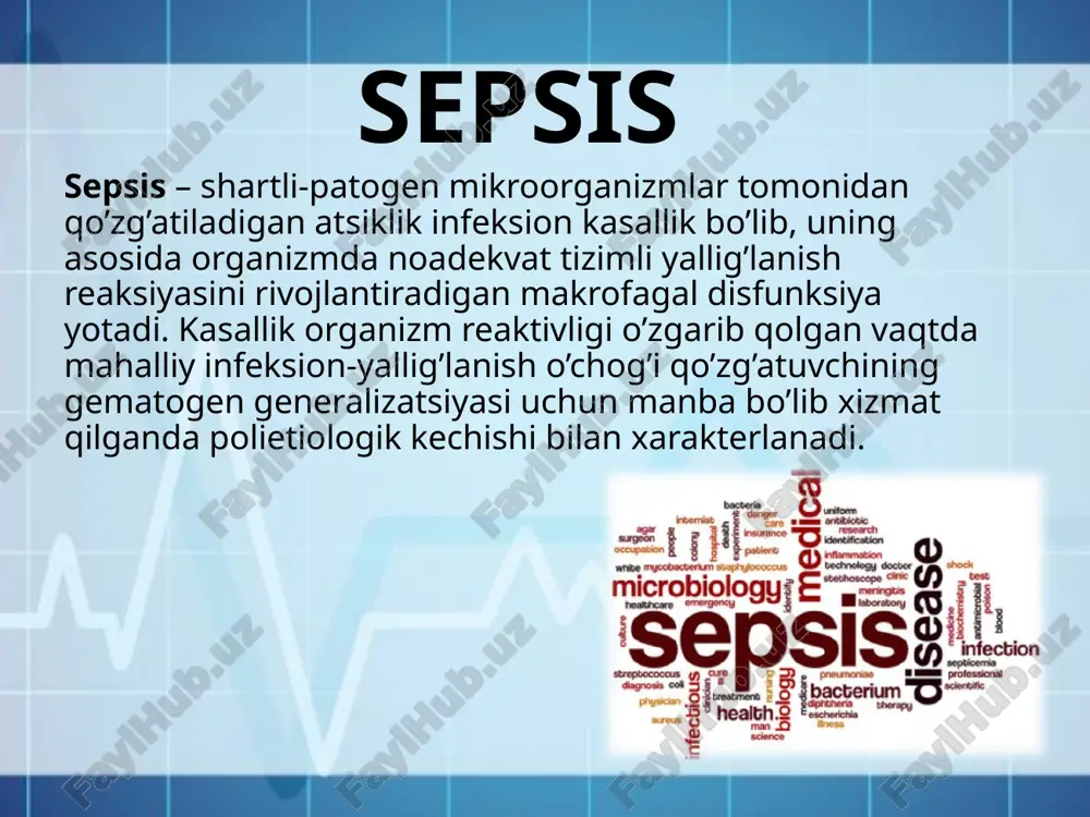 septitsemiya; septikopiyemiya; surunkali septik endokardit; xroniosepsis. o’pkada sepsis o’choqlari sepsisning asoratlari infeksion-toksik shok; arroziyalangan tomirlardan septik qon ketishi; qo’l-oyoqlardagi magistral arteriyalarda tromboemboliya; ichki organlardagi arteriyalarda tromboemboliya; septik endokardit; septik pnevmoniya; yotoq yara. e’tiboringiz uchun raxmat image2.jpeg image3.jpeg image4.jpeg image5.jpeg image6.jpeg image7.jpeg image8.jpeg image9.jpeg image10.jpeg image11.jpeg image12.jpeg image13.jpeg image14.jpeg image15.jpeg image16.jpeg image17.jpeg image18.png image19.png image20.jpeg image21.jpeg image22.jpeg image1.jpeg pe sepsis; | l sepsis ran sepsis symptoms i || | | a | ss e p ss l s shivering, extreme pale or sleepy, “| feel short fever, pain or discolored | difficult like | of or very discomfort skin to rouse, might breath cold confused die” ron 3 os<.® f every second : @ counts 4 ai tai i * |s eer by~ — €3cbpocure berasire cospare ee gpatias passer bydep o6meha chaiige 26 10 = 1e 12s bie wwe 15) be 7s 18a 19 i ok ms ae ay aay …