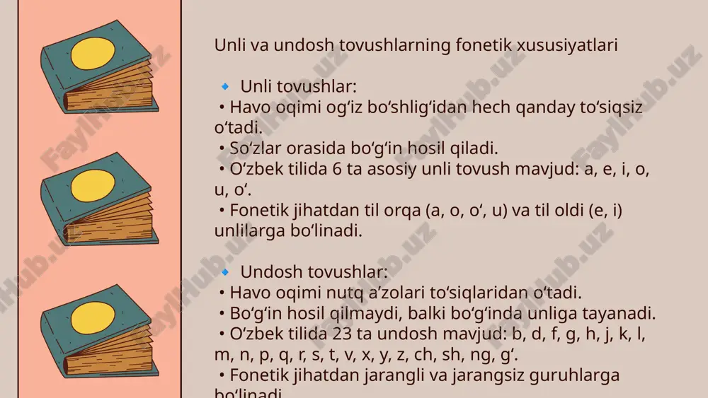 i harf asosida yangi so‘zlar yasash mashqlari: • “b” tovushidan boshlanadigan so‘zlar topish: bola, bahor, bog‘, buloq • “a” bilan tugaydigan so‘zlarni yozish: ona, bola, dala bu mashqlar leksik boylik va ijodiy fikrlashni rivojlantiradi. ma’no farqlash mashqlari bir tovush o‘zgarganda ma’no qanday o‘zgarishini o‘rgatadi: • bol – pol – qol, • sir – tir – kir, • olma – o‘lma – qolma. bu orqali o‘quvchi tovushning leksik farqlovchi vazifasini anglaydi (fonologik tahlil). gap tuzish mashqlari ma’lum tovushli so‘zlar bilan gap tuzish: • “m” tovushi ishtirokidagi so‘zlardan gap tuz: men maktabga bordim. bu mashq so‘zlarni kontekstdagi qo‘llanishini mustahkamlaydi. o‘qitish bosqichlari (ilmiy-metodik yondashuv) 1. tovushni eshitish bosqichi — tovushni fonetik jihatdan ajratish. 2. tovushni talaffuz qilish bosqichi — artikulyatsiyani to‘g‘rilash. 3. tovushni so‘zda qo‘llash bosqichi — unli/undosh ishtirokidagi so‘zlarni o‘rganish. 4. so‘z orqali ma’no yaratish bosqichi — leksik mashqlarni bajarish. 5. so‘zdan gapga o‘tish bosqichi — tovush–so‘z–gap zanjiri mustahkamlanadi. tilshunoslikda unli va …