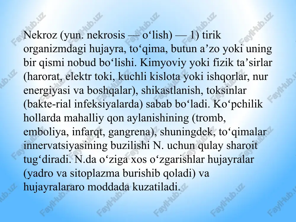 2-4 ml dan kuniga 1 yoki 2 marta) yuboriladi. bevosita ta'sir ko'rsatuvchi antikoagulyantlar qo'llaniladi (geparin 5000-10000 tv dan har 4-6 soatda venaga yuborib turiladi). arteriyalarning o’tkir trombozi arteriyada qon ivib, tiqilib qolishi natijasida qon aylanishining buzilishi davosi tromboz boshlangan davrda asosan dori-darmonlar bilan konservativ davo qilinadi, bevosita ta'sir qiluvchi antikoagulyantlar (geparin), fibrinolizin, tomirlarni kengaytiruvchi spazmolitik vositalar qo'llaniladi. yangi hosil bo'lgan tromb fibrinolizin va geparin ta'sirida osongina erib ketadi. o'tkir tromboz yuz berganda reopoliglyukin (400- 800 ml dan 6-7 kim davomida), trental yuborib, mikrotsirkulyatsiyani yaxshilash va qonning reologik sifatini to'g'rilash zarur. o'tkir trombozda bemorni darhol tekshirib ko'rib, uni tomirlarda qilinadigan rekonstruktiv operatsiyaga tayyorlash tavsiya qilinadi. birmuncha og'ir hollarda va kasallikning o'tkir davrida trombintimektomiya, tomirni protezlash yoki aylanma shuntlash amalga oshiriladi. gangrena nekrozning bir turi bo'lib, to'qimalar qon pigmentlari bilan ta'minlanishdan mahrum bo'lgan holda yiringlab parchalanadi, natijada to'qimalar qoramtir, hatto qop-qora bo'lib qoladi. quruq gangrena quruq gangrena ko'proq oyoq-qo'lga tegishli kasallikdir. u …