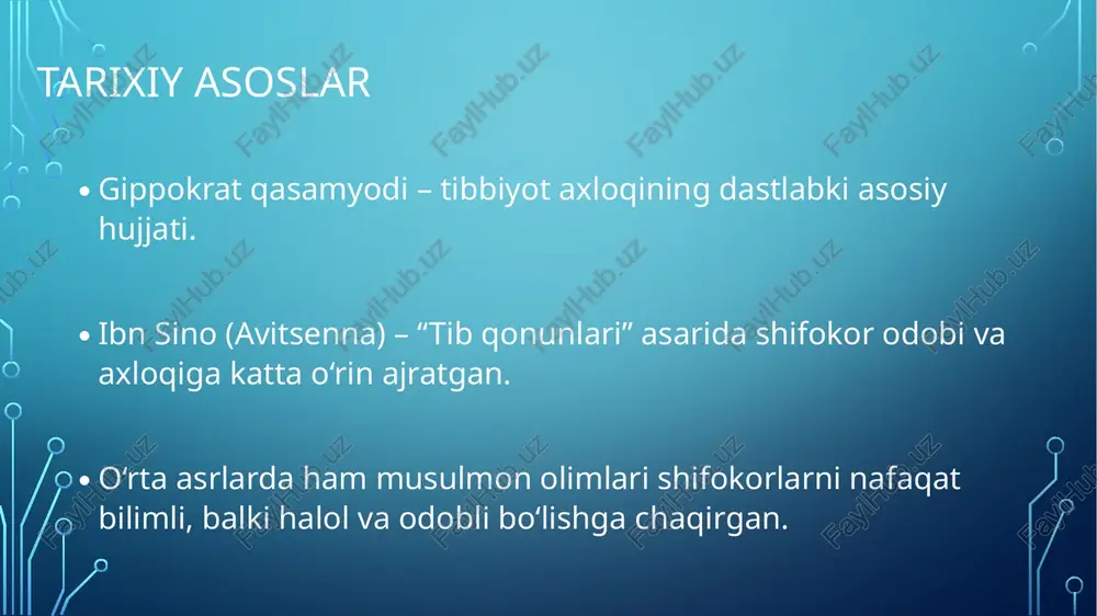 di. og‘lom muhit yaratadi – kasbdoshlar o‘rtasida hurmat va hamkorlik rivojlanadi. jamiyatda axloqiy qadriyatlarni mustahkamlaydi – sog‘lom, adolatli, insonparvar tibbiy muhit jamiyat oldidagi burch: aholi salomatligini saqlash. profilaktik tadbirlar o‘tkazish. sog‘lom turmush tarzini keng targ‘ib qilish. shifokor odobi shifokorning nutqi, muomalasi, tashqi ko‘rinishi va odob-axloqi bemorda ishonch uyg‘otishi kerak. kiyim – tartibli va ozoda. nutq – xotirjam, tushunarli, muloyim. munosabat – mehribon, sabrli, xushmuomala. etika va deontologiyaga amal qilmaslik oqibatlari bemor ishonchini yo‘qotish. shifokor obro‘sining pasayishi. xatoliklar va nizolarning ko‘payishi. kasbdoshlar o‘rtasida ishonchsizlik. jamiyat oldidagi burch: aholi salomatligini saqlash. profilaktik tadbirlar o‘tkazish. sog‘lom turmush tarzini keng targ‘ib qilish. xulosa tibbiy etika va deontologiya shifokorlik kasbining ajralmas qismidir. shifokor bemorga davo berish bilan bir qatorda, unga mehribonlik, rahm-shafqat va e’tibor ko‘rsatishi kerak. kasbiy faoliyatda sir saqlash, zarar yetkazmaslik, adolatli bo‘lish va inson hayotini oliy qadriyat sifatida ko‘rish – shifokorning asosiy burchidir. shunday qilib, tibbiy etika va deontologiya – nafaqat shifokorning kasbiy …