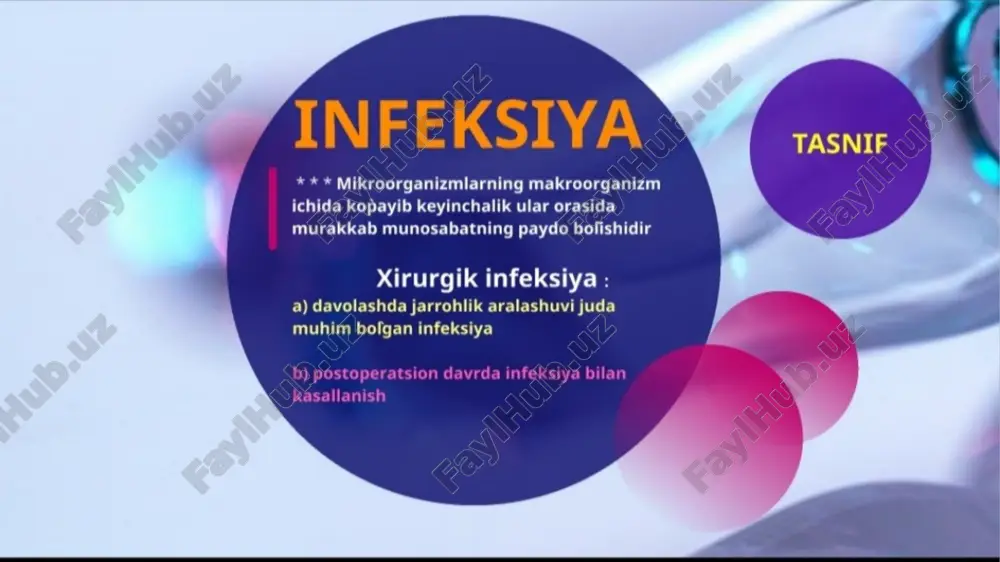 n infeksiya b) postoperatsion davrda infeksiya bilan kasallanish 1 yiringli 4 ghirituvchi etiologiyasiga ko‘ ra: a) morfologiyasiga ko ra: - kokklar,batsillar b) mikroflora shakliga ko ra: - anaerob - aerob joylashuviga ko ra piomiozit mionekroz nekrotik fassit karbonkul absess flegmona furunkul furunkulyoz, saramas idaraja i daraja urunkul davrlar 1) infiltrativ 2) yiringli 3) nekrotik yemirilish bakteph pa3butue mypyhkyna cragna qypyhky na har hepat ome srb rin, pee furunkul soch tolasi qopi + yog bezlari yallig lanishi saramas absess i karbunkul bir nechta karbunkullar yonma - f yon yallig*lanishi va atrofi 4 nekrozlanishi absess - atrofi chegaralangan yiringli ho shliq p mneision and drain drainage ote) a skin abscess, nekyvotik fassit | yuza es nekrozlanishi = suyak va bo'g'im silini kechish fazalari | faza — preartritik, suyakni epifiz qismmining bo'gimga ya- qinrog soxasida yallig'lanish o'chog'ini rivojlanishi bilan ifodalanadi., i faza — artritik. bu fazada yallig'lanish suyakdan bo'g'imga o'tib ikkilamchi artrit chaqirishi …