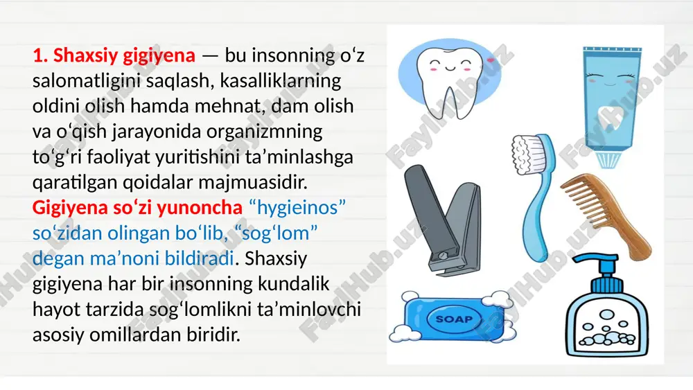 umli kasalliklarning oldini oladi. umumiy gigiyena qoidalariga amal qilishning amaliy ahamiyati juda katta. bu qoidalar: aholining sanitariya madaniyatini oshiradi; yuqumli kasalliklarning tarqalish xavfini kamaytiradi; ekologik barqarorlikni ta’minlaydi; sog‘lom, mehnatga layoqatli avlodni tarbiyalashga xizmat qiladi. 3. sog‘lom turmush tarzi — bu insonning jismoniy, ruhiy va ijtimoiy salomatligini saqlashga qaratilgan kundalik faoliyatidir. bu turmush tarzining asosi gigiyena qoidalariga qat’iy amal qilishdan iborat. chunki gigiyenik odatlar inson hayotining barcha sohalarida sog‘lomlikni ta’minlovchi eng muhim omillardan biridir. jismoniy sog‘lomlikni ta’minlaydi. tozalik, chiniqish, jismoniy faollik, to‘g‘ri ovqatlanish va dam olish inson organizmining fiziologik muvozanatini saqlaydi. gigiyenik normalarga amal qilish yurak-qon tomir, nafas olish, hazm qilish tizimlarining faoliyatini yaxshilaydi. ruhiy va hissiy barqarorlikni ta’minlaydi. gigiyenaga amal qiladigan inson o‘zini pok, tartibli va ishonchli his qiladi. tozalik muhitida yashash kayfiyatni yaxshilaydi, stressni kamaytiradi va ish qobiliyatini oshiradi. daun sindromiga ega bolalarda bilish faoliyatini rivojlantirish — murakkab, ammo to‘g‘ri yondashuv orqali ijobiy natija beradigan jarayondir. sensor, o‘yin, nutqiy …
