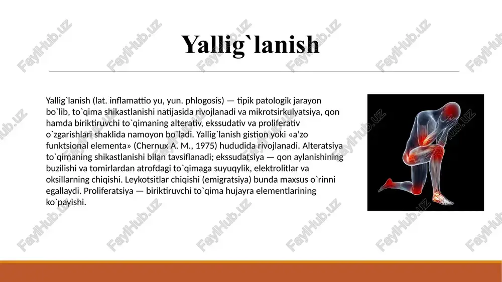 eltotsitlar ishtirok qiladi. ulaming differensirlanishi n atijasid a kollagen sin tezirlo v ch i fib ro b lastlar hosil b o ‘iadi. proliferatsiya granulatsion, ya’ni, yosh, yarqiroq-qizil rangli, donador yuzali, tomir va hujayralarga boy, tolalari kam biriktiruvchi to‘qimaning periferiyadan hosil bo‘lishidan boshlanadi. biriktiruvchi to‘qimaning yosh hujayralari asosan fibroblastlar va mayda tomirlar endotelial hujayralari hisoblanadi. 8 yalig’lanishning bolalarga xos xususiyatlari. yallig'lanish reaksiyasining yoshga bog'liq xususiyatlari ontogenezda har xil yoshdagi g u ruhlar organizm i reak tiv lig i xususiyatlari bilan bog'liq. yangi tug'ilgan chaqaloqlar va emizikli bolalarda infeksiya jarayoni ko'pincha generalizatsiyalangan (tarqalgan) tus oladi va umumiy intoksikatsiyalar bilan kechadi. chunki ulaming terisiyallig 'la- nish reaksiyasi orqali infeksiyani shakillashtirish qobiliyatiga ega emas. tomir reaksiyasi tomir devori o'tkazuvchanligining oshishi, jiddiy ekssudatsiya va shish bilan tavsiflanadi. chaqaloqlarda emigratsiya va fagotsitar faollik past (ivo - miller, 1983). ularda leykotsitlaming metabolik va fermentativ faolligi juda intensiv bo'ladi. 9 foydalanilgan adabiytlar 1. abdullaev h. karimov yo. patofiziologiya. …