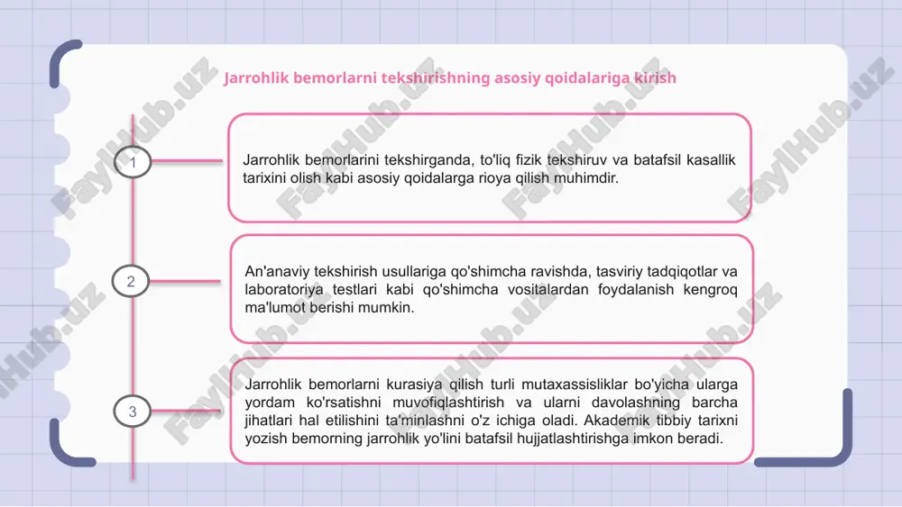 malar va davolash rejalarini sinchkovlik bilan hujjatlashtirishni o'z ichiga oladi. to'g'ri tashxis qo'yish va tegishli davolash uchun keng qamrovli akademik jarrohlik tarixini yozish juda muhimdir. jarrohlik bemorlarni tekshirishda qo'shimcha usullarning rolini tushunish jarrohlik bemorlarni tekshirganda, to'liq baholashni ta'minlash uchun asosiy qoidalarga rioya qilish muhimdir. tasviriy tadqiqotlar yoki diagnostik testlar kabi qo'shimcha usullar bemorning ahvoli haqida qimmatli ma'lumot berishi mumkin. bemorlarni davolash ularning tibbiy ma'lumotlarini tartibga solish va davolash uchun eng yaxshi harakat yo'nalishini aniqlashni o'z ichiga oladi. akademik jarrohlik tarixini yozish bemorning kelib chiqishi va tarixini tushunish uchun juda muhimdir. jarrohlik bemorlarini tekshirishda qo'shimcha usullarning rolini tushunish aniq tashxis qo'yish va to'g'ri davolashni rejalashtirish uchun juda muhimdir. ushbu usullar fizik tekshiruv vaqtida ko'rinmaydigan qimmatli ma'lumotlarni taqdim etishi mumkin. 1 2 3 jarrohlik bemorni baholashda tasvirlash usullaridan foydalanish jarrohlik bemorlarini tekshirganda, to'g'ri tarix olish va fizik tekshiruv kabi asosiy qoidalarga rioya qilish muhimdir. ko'rish texnikasi kabi qo'shimcha usullar bemorni baholashda hal …