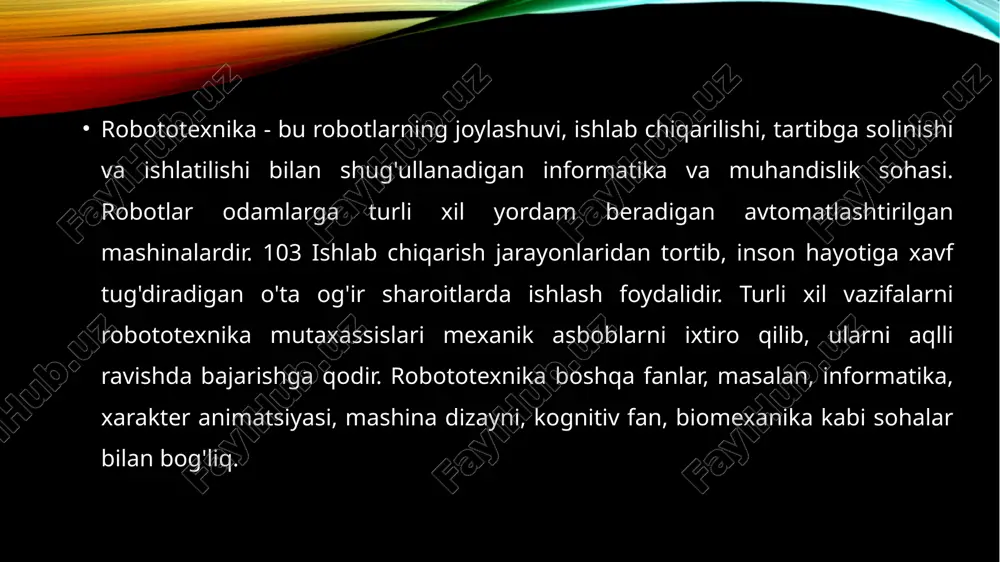 ar kabi taniqli rus psixolog va pedagoglari tomonidan olib borilgan tadqiqotlar shuni ko'rsatadiki, bolalarning ijodiy qobiliyatlari, jumladan, texnik jihatdan rivojlanishi. "robotexnika" o'quv modulidan konstruktorlar to'plamlari dizayn ko'nikmalarini rivojlantirishga yordam beradi; mexanika asoslari va elektronikaning asosiy komponentlari, "algoritm" tushunchasi bilan tanishish; harakat, masofa, harorat va boshqalar sensorlari bilan tajribalar o'tkazish; birinchi o'z robotlaringizni modellashtirishda dasturlash bosqichlari. modulga kiritilgan konstruktorlar qismlarni mahkamlash usulida farqlanadi (yong'oqlar, oluklar, "boshoqlar" va boshqalar), robotlar sinfi (mobil yoki manipulyatsiya),shuningdek, nazorat qilish tizimlari. ikkinchi holda, quyidagilar mavjud: biotexnika nazorat savollari; 1.modellashtirish nima? 2.loyixalsh haqida gapiring. 3.zamonaviy robototexnika haqida nimalarni bilib oldingiz. 4.robototexnika nima? nega bolalar robototexnikani o‘rganishi kerak? 5.robototexnikani maqsab va vazifalarini ayting. image3.jpg image4.jpg image5.jpg image6.png image1.png /docprops/thumbnail.jpeg mavzu: maktabgacha yoshdag! bolalarni robototexnika, ‘orgatish yoular!