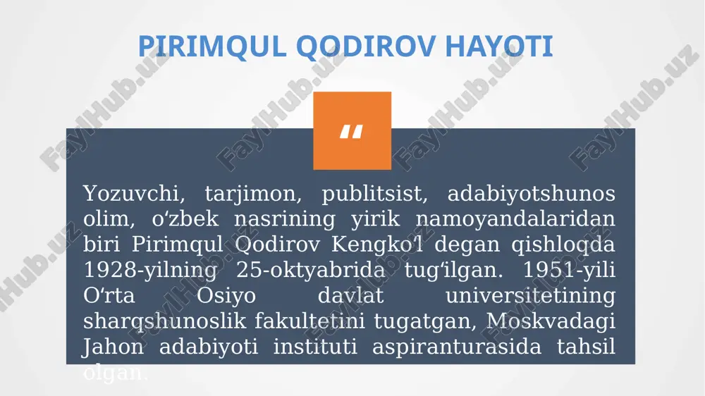 di. bu masʼuliyat tarixiy hodisalar boshida turgan yirik shaxslar-podshohlar, qirollar, prezidentlar, yirik davlat va din arboblari, katta siyosatchilar haqida asar yozilayotganda yanada ortadi. tarixning har bir hodisasini yoritishda, uni talqin etishda xolislik, odillik, halollik talab qilinadiki, bu narsa ijodkordan juda katta bilimni, fuqarolik masʼuliyatini talab qiladi. 11 12 pirimqul qodirov esa oʻzining “avlodlar dovoni” asarini reallikka asoslangan holda yarata olgan. asarda yozuvchi tilidan bayon qilinadigan voqealar, mulohazalar va esdaliklar barcha­barchasi muallifning jarayon ichida va oʻz koʻzi bilan koʻrib guvoh boʻlgan, bevosita va bilvosita ishtiroki jamlanmasini tashkil etgan. shuning uchun ham asar tushunarli va sodda tilda yozilgani uchun uning mazmun va mohiyatini osongina tushunish mumkin. 13 “avlodlar dovoni” romanining asosiy voqealari buyuk sarkarda mirzo bobur vafotidan soʻng, u yangidan tashkil etgan hind mamlakatida yuz beradi. koʻp hukmdorlar bilan boʻlgani singari boburdan keyin ham turli shajaralar vakillari boʻlmish shahzodalar oʻrtasida toj-taxt dardidagi kurash alanga olganligi asarda yorotib berilgan. “ asarni oʻqib olgan …