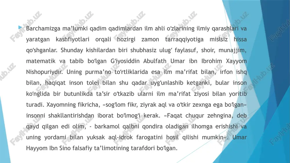 larga berilmay vaqtini qadrlasa, ilmni isrof qilmasa, dunyo havaslaridan ilmni ustun qoʻya olsa, shunda bizning ruhimiz va tushunishimiz barcha yoʻnalishlarda harakat qilish imkoniyatiga ega boʻladi. zero hayotning asl mohiyati ilm egallashdadir. xulosa qilib aytganda, umar xayyom insoniyat ilm-fani rivojiga ulkan hissa qoʻsha oldi, matematika, astronomiya, fizika sohasida bir qator muhim kashfiyotlar qildi. bularning barchasi oʻrganishga izlanishga va eng asosiysi buyuk faylasuf olim umar xayyomning izidan yurishga arziydi. e’tiboringiz uchun rahmat image1.jpg image2.jpg image3.jpg image4.jpg /docprops/thumbnail.jpeg