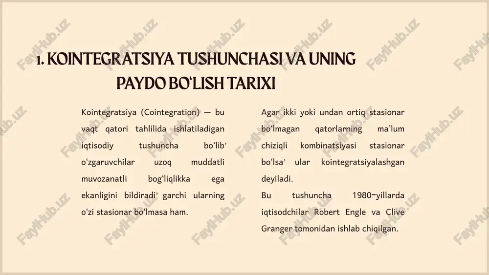 otdagi qo‘llanilishi kointegratsiya va ecm makroiqtisodiy modellar, moliyaviy bozorlar, energiya narxlari, valyuta kurslari, import-eksport tahlillarida keng qo‘llaniladi. misol uchun: o‘zbekiston misolida: so‘mning aqsh dollariga nisbatan kursi va inflyatsiya o‘rtasida uzoq muddatli bog‘liqlikni kointegratsiya orqali aniqlash mumkin. yoki neft narxi va transport xarajatlari o‘rtasidagi uzoq muddatli muvozanatni tahlil qilishda qo‘llaniladi. xulosa: kointegratsiya — bu stasionar bo‘lmagan o‘zgaruvchilar orasida uzoq muddatli muvozanat bog‘liqligini ko‘rsatuvchi asosiy iqtisodiy-statistik tushuncha. uning asosida qurilgan xatolarni to‘g‘rilash modeli esa qisqa muddatli o‘zgarishlar orqali tizimni uzoq muddatli muvozanatga qaytarish mexanizmini ifodalaydi. bu model hozirgi zamon makroiqtisodiy prognozlash va ekonometrik modellashtirish jarayonlarida muhim rol o‘ynaydi. masala: maqsad: 20 (oyma-oy) bo‘lgan real ma’lumotlar asosida cpi (iste’mol narxlari indeksi) va usd/uzs (oy oxiri kursi yoki davr o‘rtachasi) o‘zgaruvchilari orasida kointegratsiya bor-yo‘qligini aniqlash uchun masala tuzish. masala yechimi talab qilinmaydi — faqat tayyor ma’lumot va bajarish yo‘riqnomasi kerak. regressiya: cpi_index = α + γ * usd_uzs misol: α = 98.5, γ = …