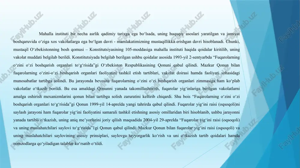 hun topshiriq. quyida berilgan savollar asosida suhbat tashkil eting. 1. “mahalla” tushunchasi qanday ma’noni anglatadi? 2. “mahalla”ni obod qilishda qanday harakatlar amalga oshiriladi? 3. “mahalla” kichik vatan ekanligini bolaga tushuntirish 4. “mahalla” deganda nimani tushunasiz? ii. talabalar uchun topshiriq. “mahalla” kichik “vatan” ekanligi haqida suhbat olib boring. bu o‘rinda talabalar ven diogrammasi va klaster metodi yordamida topshiriqlar bajaradilar: test 1. mahalla so'zi qaysi tildan olingan? a) arab; b) fors;c) tojik; d) turkiy 2. bizning mahallamiz obod, chiroyli va ozoda .ushbu gapdagi tub sifatlarni toping? a)chiroyli;b) ozoda:c)obod;d) b va c javobalar to'g'ri. 3. mahalla "vatan ichra kichik vatandi" degan fikrni kim aytgan? a) ogohiy; b) a.navoiy: c) muqimiy; d) bobur. 4. qo'shnichilik odoblarini belgilang. a) muhtoj bo'lsa yordam beradi; b) maslahat so'rasa to'g'ri yo'l ko'rsatadi; c) xursandchiligida xursand bo'ladi; d) barchasi to'g'ri. 5.“mahalla” so’zining ma’nosi nima? a) joy b) makon c) qishloq d) tug`ilgan yurt e’tiboringiz uchun raxmat! image1.jpg /docprops/thumbnail.jpeg