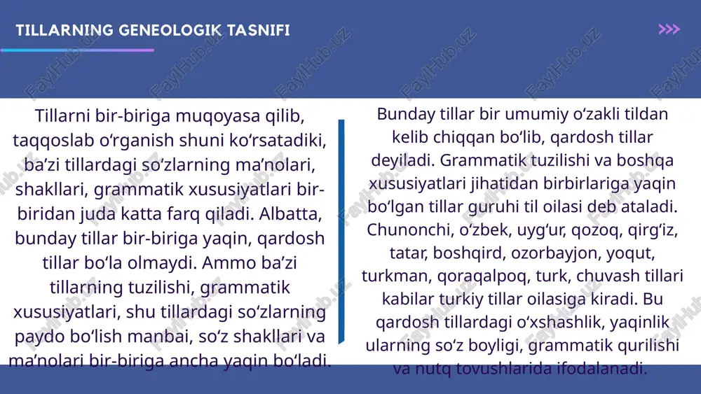 sa sanaladi. til oilalari dunyoda yigirmadan ortiq til oilasi bor. hozirgi vaqtda tarixi o‘rganilib, qardoshligiga, yaqinligiga ko‘ra ajratilgan til oilalari quyidagilardan iborat. hozirgi tilshunoslik fanida tillar ‘rtasida genetik aloqadorlikning yangi qirraralari ochilmoqda. taxminan 200 til oilasidan 22tasi yevrosiyoga, 20ga yaqini afrikaga, qolganlari amerika, avstraliya, yangi gvineyaga to‘g‘ri keladi. xix asr oxirida, asosan, 4 ta til oilasi ajratilgan: turkiy, mo‘g‘ul, tungus-manjur, koreys tillari. xx asrda mazkur tillarning qardosh ekanligi ta’kidlandi va umumlashtirilib oltoy tillar oilasi deb nomlandi. bu kabi an’anaviy til oilalaridan kengroq bo‘lgan, bir-biriga qardoshligi to‘la asoslanmagan til oilalarini “makro til oilalari” deb nomlash taklif qilingan. v.m.ilyich-svitich tadqiqotlarida aks etgan nostratik gipoteza (lotin tilida noster “bizniki” ma’nosini beradi) til oilalarini yanada kengroq doiradagi genetik asosga birlashtirishni nazarda tutadi. nostratik makrotiloilasiga hind-yevropa, ural, oltoy, kartvel, dravid tillari kiritilgan. tillarni bir-biriga muqoyasa qilib, taqqoslab o‘rganish shuni ko‘rsatadiki, ba’zi tillardagi so‘zlarning ma’nolari, shakllari, grammatik xususiyatlari bir-biridan juda katta farq qiladi. albatta, bunday tillar …