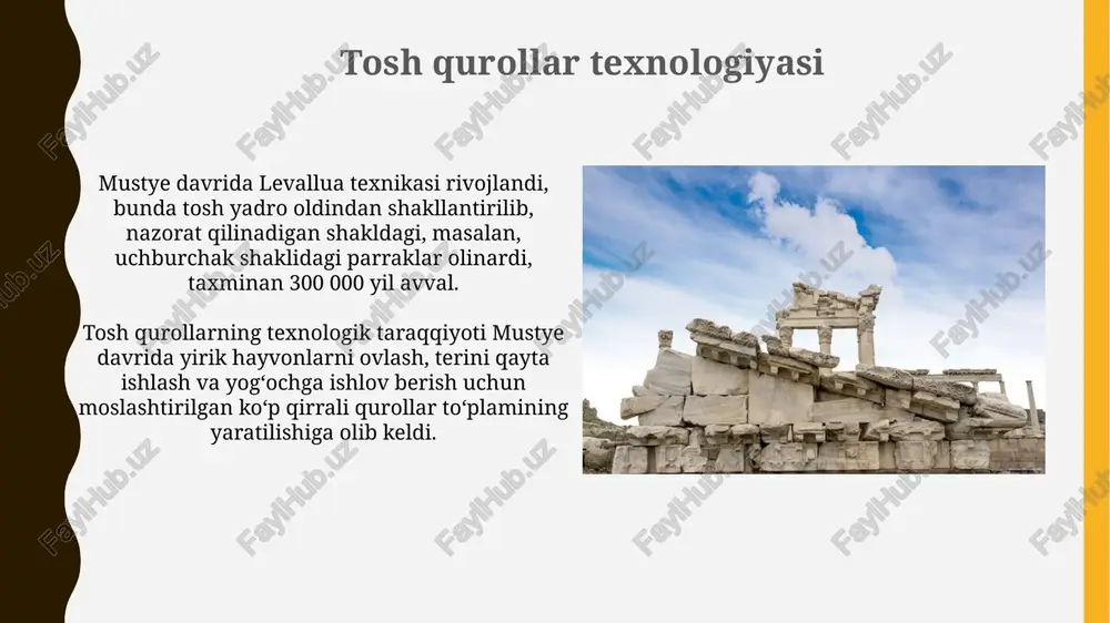 yo'llarini ta'minlagan. taxminan 50,000 yillar oldin, odamlar bunday hududlarga joylashgan. mustye davri: kirish mustye davri, paleolitning oʻrta bosqichi boʻlib, taxminan 300,000-40,000 yil avvalgi davrni qamrab oladi, unda neandertallar asosiy inson turi boʻlgan. bu davrda tosh qurollar yasash texnologiyasi levallua usuli bilan takomillashdi, bu esa aniq shakldagi oʻtkir tigʻli qurollarni yaratish imkonini berdi. meriyos va muhofaza ushbu tizimga ko'ra, "meriyos" sug'orish suvini taqsimlash va nazorat qilish uchun mas'ul bo'lgan jamoa a'zosi bo'lgan, "muhofaza" esa tizimni himoya qilish vazifasini o'tagan. meriyos va muhofaza faoliyati orqali suv resurslaridan oqilona foydalanish ta'minlangan, bu esa qishloq xo'jaligi mahsuldorligini oshirishga va ijtimoiy barqarorlikka xizmat qilgan. iqlim o'zgarishi va adaptatsiya mustye davrida 50,000 yil avval odamlar termoregulyatsiya uchun hayvonlarning terisidan foydalanishgan, bu esa sovuq iqlim sharoitida omon qolish imkoniyatini oshirgan. iqlim o'zgarishi mustye davri odamlari duch kelgan muammolardan biri edi, chunki 70,000 yil avval sovuq ob-havo ularning migratsiyasiga ta'sir ko'rsatgan. genetik tadqiqotlar yadro dnk sekvensiyasi orqali olingan …