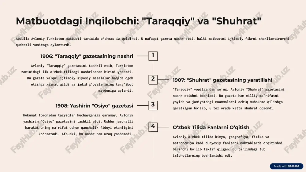 ngini yuksaltirishga xizmat qildi. har bir spektakl nafaqat ko‘ngilochar, balki tarbiyaviy ahamiyatga ega bo‘lib, tomoshabinni fikrlashga undadi. teatr jadid g‘oyalarining jonli targ‘ibotchisi edi. 5 abdulla avloniyning maktab va ta’limdagi roli avloniy matbuot va teatr bilan bir qatorda, ta’lim tizimini tubdan o‘zgartirishga harakat qildi. uning o‘zi yetuk muallim va darsliklar muallifi edi. miroboddagi yangi usul maktab 1908-yilda toshkentning mirobod mahallasida yangi uslubdagi maktab ochdi. bu maktabda zamonaviy fanlar, ona tili va adabiyot darslari o‘qitilib, eski maktab tizimidan farq qilar edi. degrez mahallasidagi dunyoviy maktab 1912-yilda degrez mahallasida ikki sinfli, dunyoviy fanlar o‘qitiladigan yanada mukammal maktabni tashkil etdi. bu maktablar o‘zbek xalqi uchun ilm-ma’rifat markazlari bo‘ldi. darsliklar muallifi avloniy o‘zining noyob darsliklarini yaratdi. jumladan, "birinchi muallim" va "ikkinchi muallim" kabi kitoblar o‘zbek maktablarida uzoq yillar davomida asosiy qo‘llanma bo‘lib xizmat qildi, o‘quvchilarga nafaqat savod, balki yangi dunyoqarashni ham berdi. avloniyning ta’limdagi shiori – ilmsiz taraqqiyot yo‘q. u zamonaviy, dunyoviy bilimlarni egallash millatning …