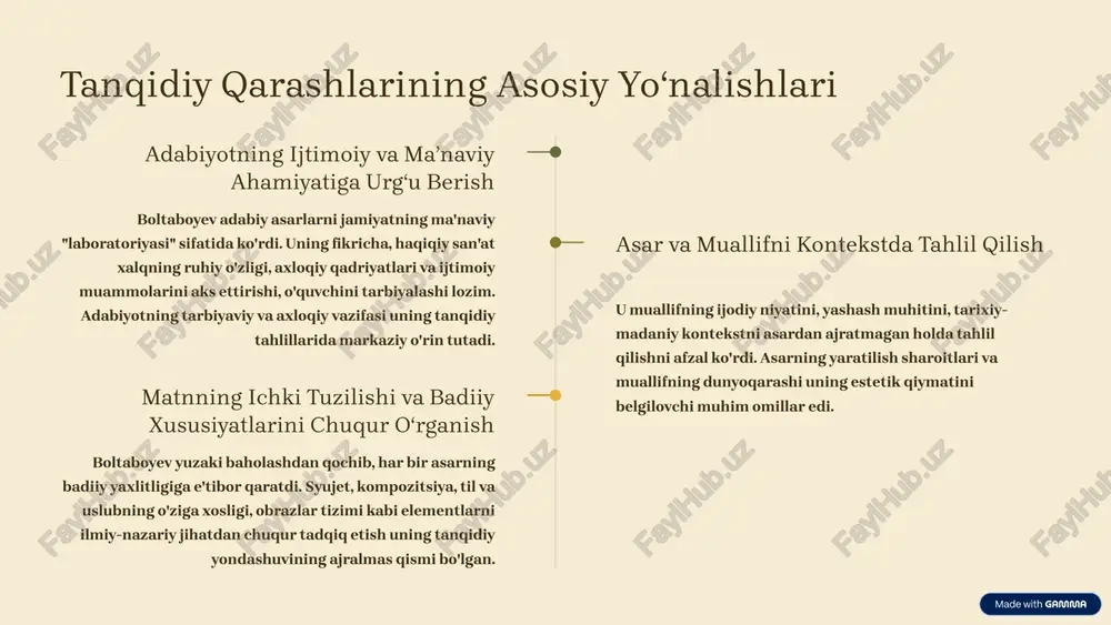. milliy o‘ziga xoslikni himoya qilish boltaboyev o‘zbek adabiyotining dunyo adabiyoti jarayonidagi o‘rnini belgilashda uning milliy ruhi, an’analari va qadriyatlarini saqlab qolish zarurligini himoya qildi. u milliy ruhni yo‘qotgan asarlarni tanqid ostiga oldi. tanqidiy fikrda yangilik va mustaqillik u sovet davri tanqidining dogmatik va mafkuraviy cheklovlaridan qochib, erkin, mustaqil va obyektiv fikrlashni targ‘ib qildi. bu yondashuv yangi avlod tanqidchilari uchun yo‘l ochdi. falsafiy chuqurlik u adabiy matnlardagi falsafiy mazmunni ochib berishga, asardagi insoniy mavjudlik, hayot ma'nosi kabi universal g'oyalarni tahlil qilishga alohida e'tibor qaratdi. boltaboyev adabiy asarga birinchi navbatda badiiy hodisa sifatida, keyin esa ijtimoiy hujjat sifatida baho berish zarurligini uqtirdi. 5 hamidullo boltaboyevning tanqidiy metodlari boltaboyev tanqidiy tahlilga sinchkovlik va intellektual salohiyat talab qiluvchi jarayon sifatida yondashdi. matnni chuqur o‘qish va tafakkur qilish tanqidiy tahlilning boshlang‘ich nuqtasi — asarni barcha badiiy qatlamlari bilan yuzaki emas, balki chuqur intellektual o‘qib chiqishdir. u matnning har bir so‘zi, har bir badiiy detali …