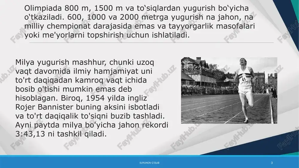 nda iqtisodiy jihatdan kuch ishlatish uchun siz tanangizni taxminan besh daraja oldinga egishingiz kerak. ammo yugurishni iloji boricha samarali qilish uchun o'zingizga qo'llaringiz bilan yordam bering. ushbu bosqichdagi tezlik to'g'ridan-to'g'ri qo'lning tebranish tezligiga bog'liq. qo'llar to'g'ri burchak ostida egilib, oyoqlar bilan bir xil tezlikda ishlashi kerak. burilish paytida tana yo'lga qarab ichkariga egiladi va burilish tomoniga qarama-qarshi qo'l kuchaytirilgan rejimda ishlaydi. bu sizga burilish va tez sur'atni saqlab qolish imkonini beradi. bo'yin va qo'l mushaklaringizni bo'shashtiring. yuqori tanadagi haddan tashqari kuchlanish energiya sarfini oshiradi va tezlikni yo'qotadi. suyunov g'olib 8 tugatish o'rta toifadagi poygachilar poygani haqiqiy sprint bilan yakunlaydilar. oxirgi aylana yoki marraga 250-350 metr (ma'lum masofaga qarab) - bu bor kuchingizni berish vaqti. tezlashuv qadam chastotasi va qadam uzunligining oshishi tufayli yuzaga keladi. trening davomida siz o'zingizning kadansingiz ustida ishlashga vaqt sarflashingiz kerak, chunki qadamlaringiz chastotasini o'zgartira olmaslik katta miqdordagi energiya yo'qolishiga olib keladi. marra chizig'ini kesib o'tishdan oldin, …